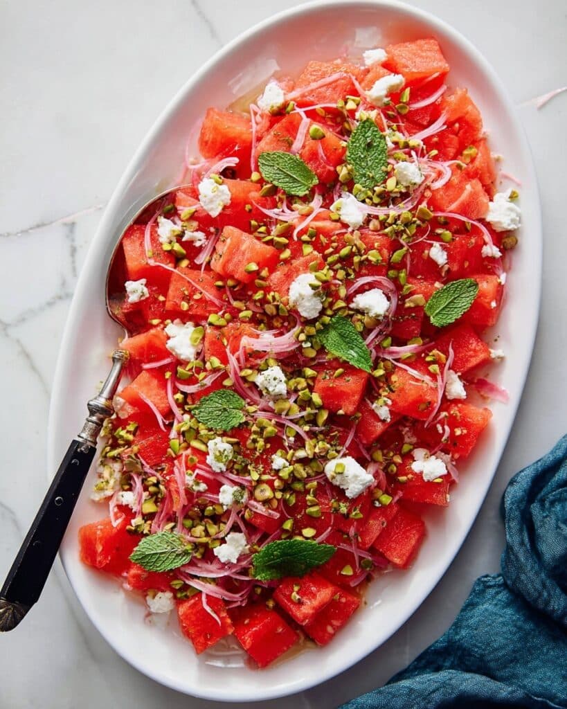 Watermelon Salad with Feta, Pickled Shallots, and Pistachios Recipe