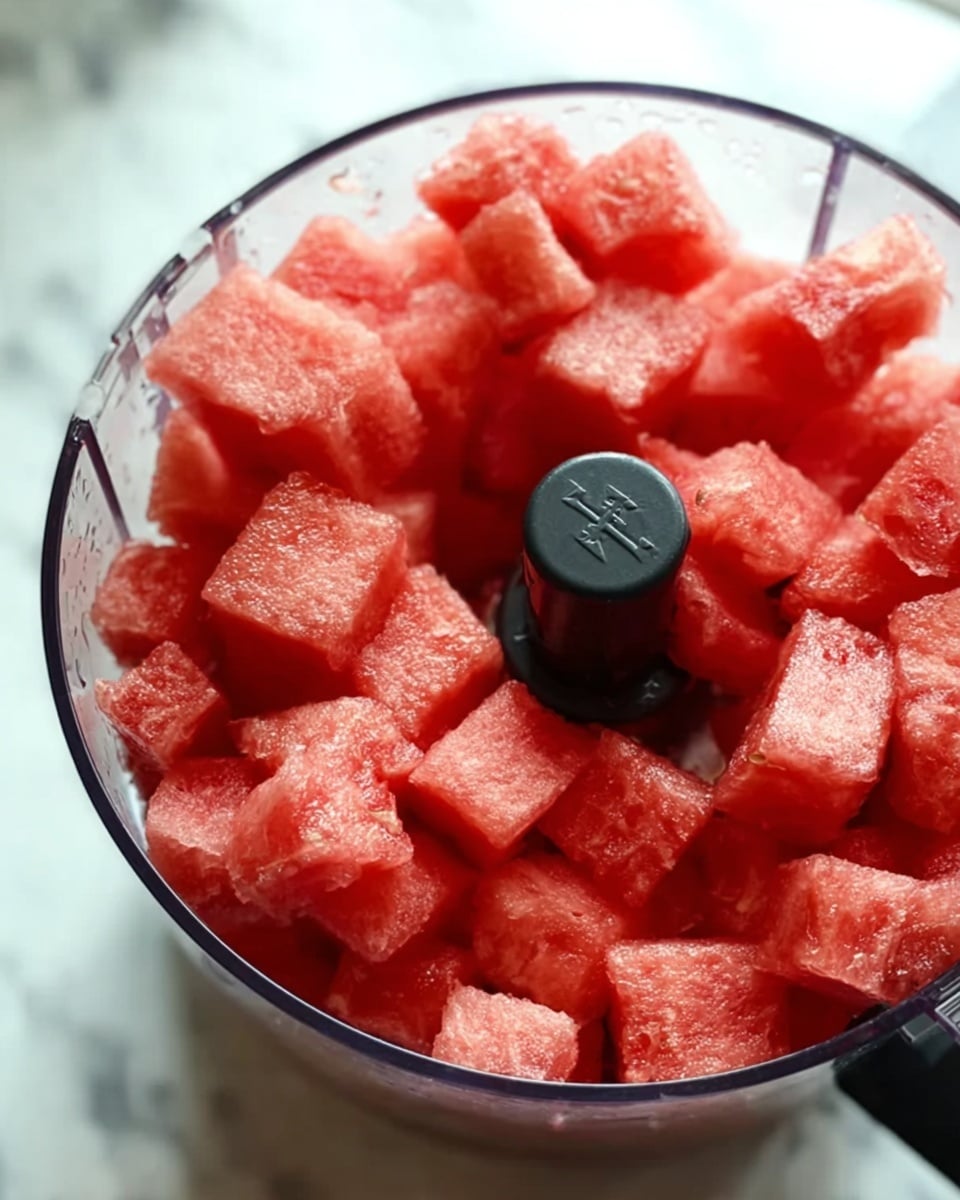 A close-up view of a clear food processor bowl filled with many small, uneven cubes of bright red watermelon. The watermelon pieces show a slightly frosty texture, and the black processor blade is visible in the center. The background is a white marbled texture with soft light coming from the top right side. photo taken with an iphone --ar 4:5 --v 7