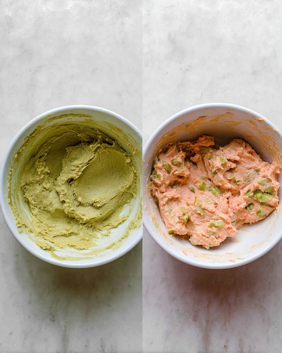 The image shows two white bowls side by side on a white marbled surface. The bowl on the left holds a thick, creamy green mixture with a slightly uneven texture, appearing smooth with some small chunks and a matte finish. The bowl on the right contains a pinkish-orange chunky mix with a creamy consistency, visible pieces of a lighter ingredient, and small green bits scattered throughout. Both bowls have some mixture smeared along their inner sides, showing the texture more closely. photo taken with an iphone --ar 4:5 --v 7