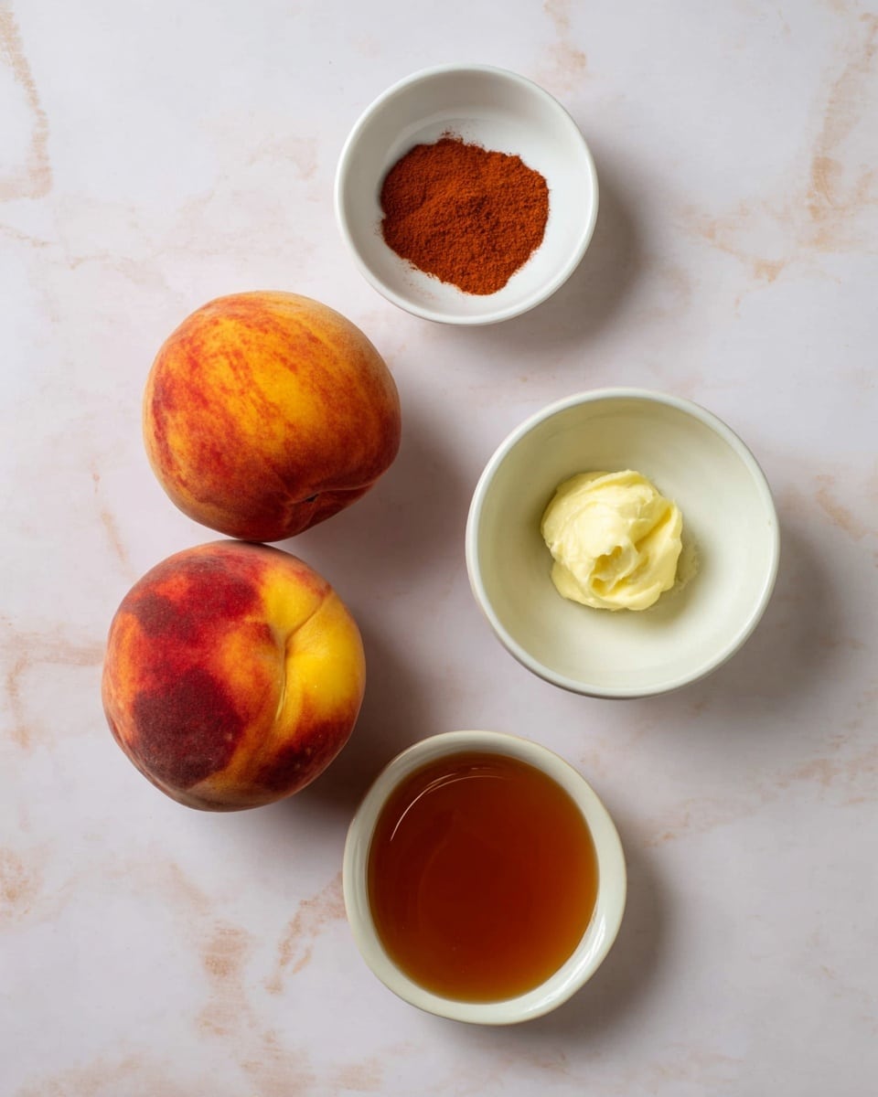 The image shows two whole peaches with a mix of orange, red, and yellow skin placed on a white marbled surface. To the top left, there is a small white bowl with a small pile of reddish-brown powder, possibly cinnamon. To the top right, there is a white bowl with a dollop of pale yellow butter. Below these, near the bottom left, is another white bowl filled with a rich amber liquid, likely honey or syrup. The items are spaced apart with clear details and natural lighting. Photo taken with an iphone --ar 4:5 --v 7
