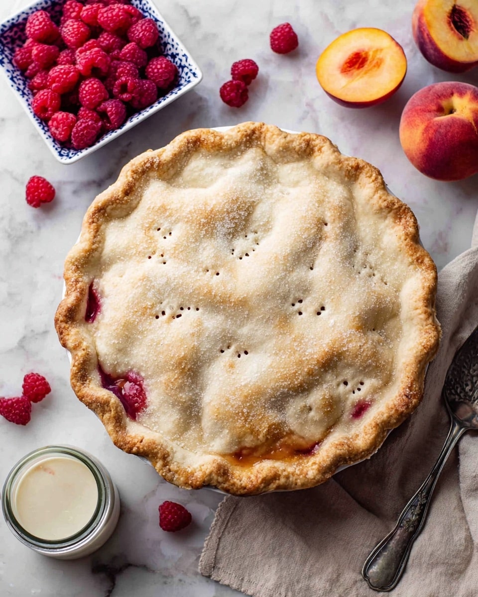A peach and raspberry pie sits at the center of the image on a white marbled surface. The pie has two layers: a golden brown crust with a crimped edge on the bottom and a pale, slightly bumpy top crust dusted with coarse sugar and dotted with small holes. Some red juices peek through the cracks near the edge. Nearby, a white square bowl holds bright red raspberries, with a few scattered loose on the surface. Two whole peaches rest on a beige cloth at the bottom right, showing soft orange and red colors. A jar with a spoon inside, containing a creamy white sauce, is placed at the lower left, while an old-fashioned silver pie server lies to the right. Photo taken with an iphone --ar 4:5 --v 7