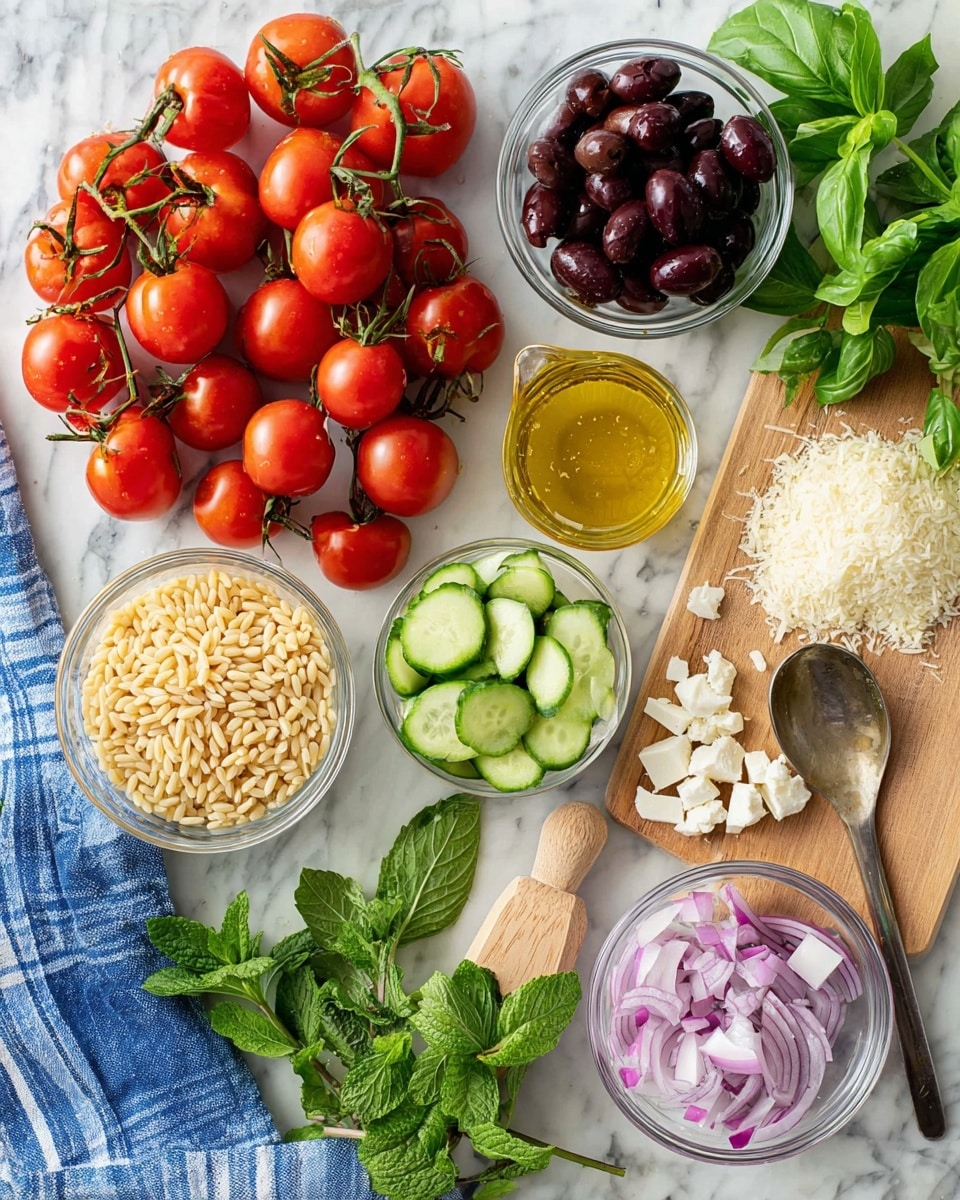 An overhead view of fresh salad ingredients arranged on a white marbled surface, including bright red cherry tomatoes on the vine clustered in two sections, dark purple whole olives in a small clear glass bowl, light beige orzo in a small wooden scoop placed on a light wooden board, sliced green cucumbers spread next to the orzo, thinly sliced purple and white onions in another small clear bowl, and small white cubes of cheese in a separate clear bowl. A glass measuring cup with golden-yellow dressing and a spoon stands near the center. Fresh green basil leaves and mint sprigs, and a blue and white striped cloth are placed around the ingredients. Photo taken with an iphone --ar 4:5 --v 7