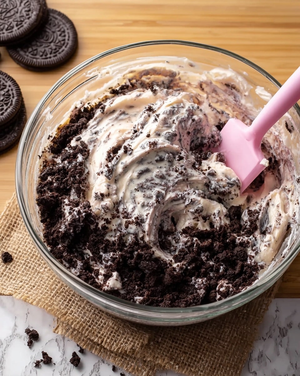A clear glass bowl sits on a wooden surface with a white marbled texture, filled with a mixture that has about two layers: the bottom and main layer is dark, crumbly cookie pieces, and the top layer is a creamy, pale white liquid partially mixed into the cookie crumbs, creating a swirled, textured look. A pink spatula is partially inserted into the mixture on the right side of the bowl. Nearby, whole dark cookies are placed to the left side, some on a piece of burlap fabric. Photo taken with an iphone --ar 4:5 --v 7