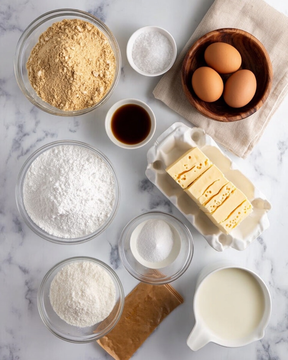 A top view of various baking ingredients placed separately on a white marbled surface. At the top left, there is a clear glass bowl filled with light brown flour, next to a small white bowl holding dark brown liquid, and beside it a wooden bowl containing white granulated salt. To the right, two brown eggs rest in a white egg tray on a beige cloth. Below this, several pale yellow butter sticks with dark spots on them are placed on the marbled surface. Moving downwards, there is a clear glass bowl with white powdered sugar, a small white bowl with a creamy liquid beside brown sugar in a clear bowl, and a white bowl with light cream-colored milk near the bottom right. At the very bottom left, a light brown paper packet lies flat near a white bowl filled with white granulated sugar. All items are arranged neatly and clearly visible, photo taken with an iphone --ar 4:5 --v 7