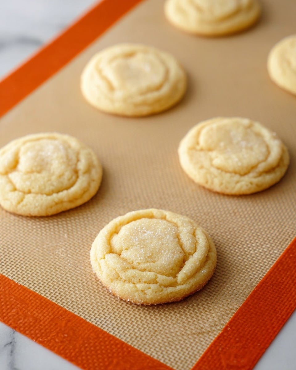 The image shows six evenly spaced small round sugar cookies on a tan silicone baking mat with an orange border, placed on a white marbled surface. Each cookie has a light golden color with a soft, slightly raised center and textured edges, giving a puffy and smooth look. The cookies are arranged in two rows crossing diagonally from the bottom right corner to the top left corner of the mat. The lighting is bright and soft, showing the fine sugar texture on the cookie surfaces clearly. Photo taken with an iphone --ar 4:5 --v 7
