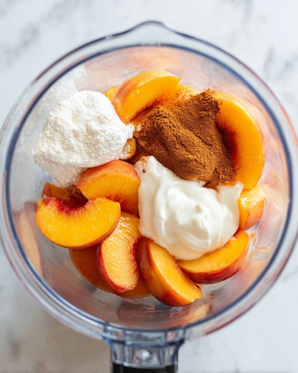 Inside a clear blender container, there are several frozen peach slices at the bottom, showing bright orange and hints of red near the edges. On top of the peaches, there is a white powdery layer on the left side, a small pile of brown cinnamon powder on the right side, and a dollop of creamy white yogurt sitting in the center. The blender is placed on a white marbled surface. Photo taken with an iphone --ar 4:5 --v 7