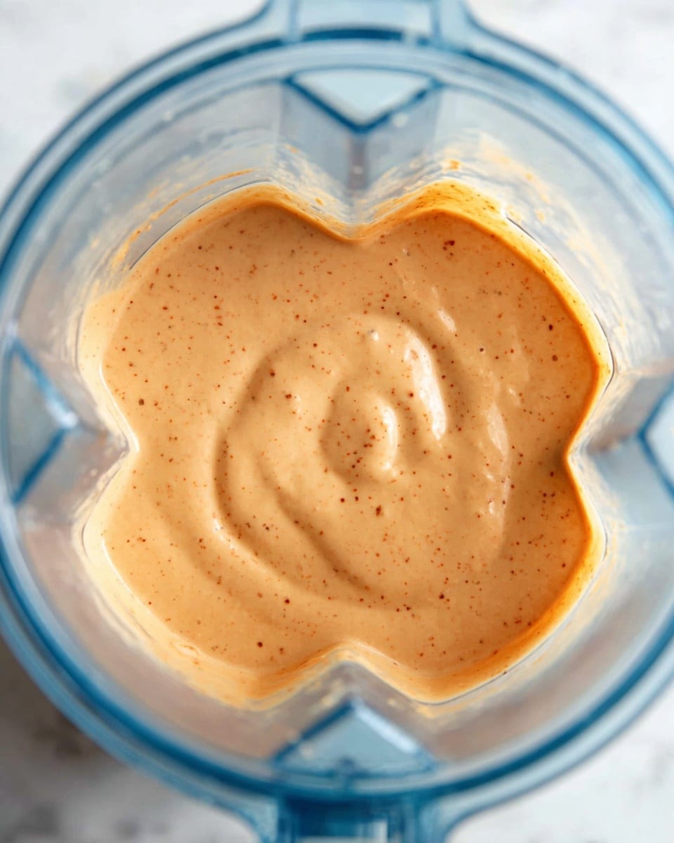 A close-up view inside a clear blender jar shows a single layer of thick, smooth sauce with a light orange color and small dark specks evenly spread throughout. The sauce appears creamy with a slightly glossy texture on the surface. The blender jar edges have a blue tint, and the background around the blender is a white marbled texture photo taken with an iphone --ar 4:5 --v 7