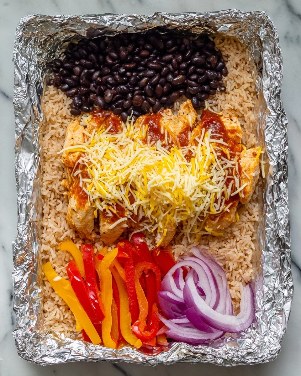 A rectangular foil tray contains a layered meal. At the base, there is a layer of light brown seasoned rice spread evenly. On top of the rice is a layer of cooked chicken covered with a red sauce. The chicken is topped with a mix of shredded yellow and white cheese. On the left side of the tray, a portion of black beans is placed in a pile. On the right side, there are slices of orange and red bell peppers mixed with thin slices of purple onion. The foil has a crinkled texture, and the background is a white marbled surface. Photo taken with an iphone --ar 4:5 --v 7