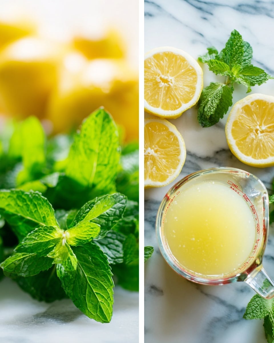 The image shows two parts: on the left, fresh green mint leaves with bright veins and a fresh texture, with blurred yellow lemons in the white marbled background; on the right, squeezed lemon halves arranged around a glass measuring cup filled with pale yellow lemon juice, all set on a white marbled surface. The colors are fresh green and bright yellow with soft natural light highlighting the fresh ingredients photo taken with an iphone --ar 4:5 --v 7