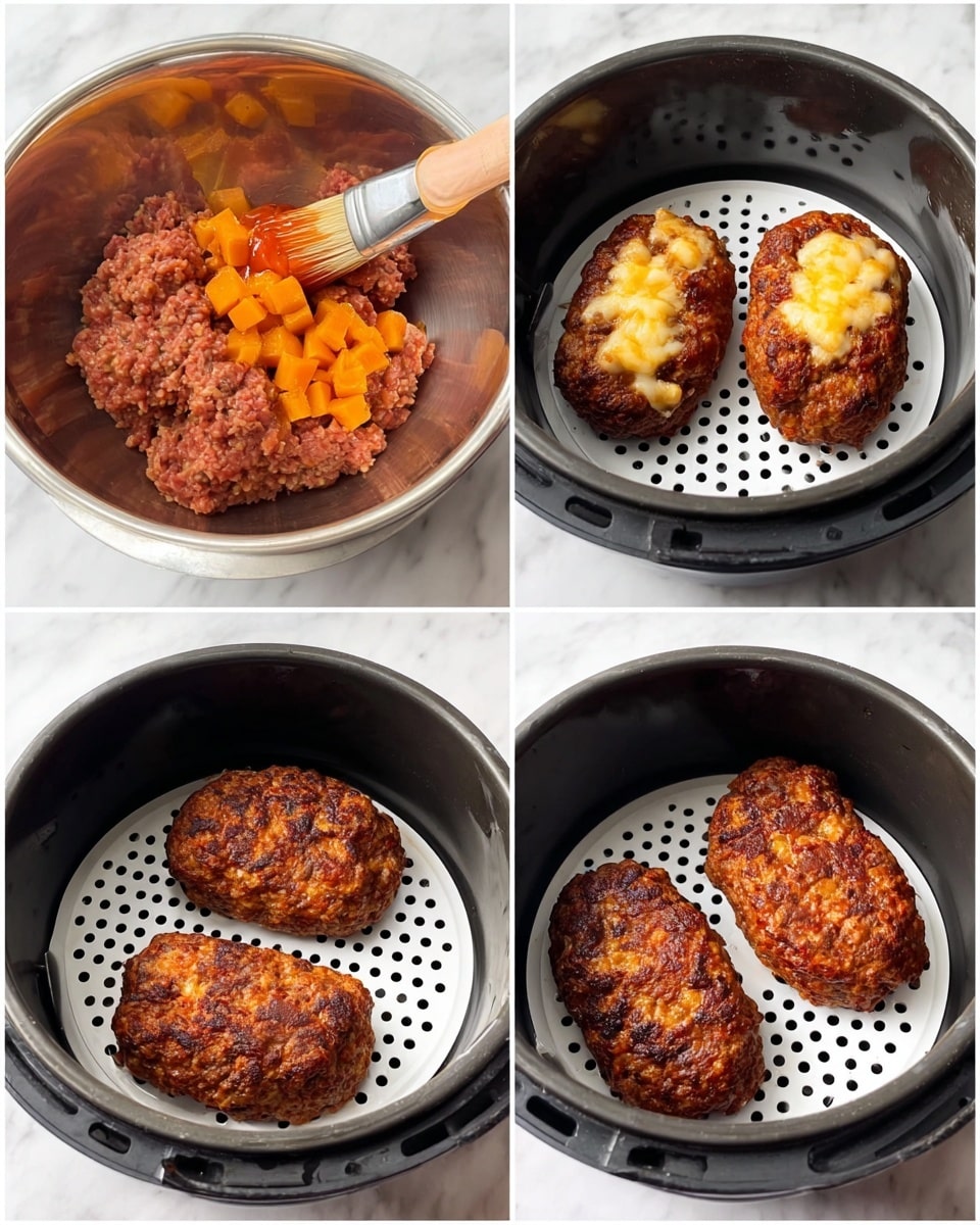 A collage of four images shows the making of two meatloaf patties with cheese chunks inside, all inside a black cooking pot with a white perforated tray at the bottom. The first image shows raw meat mixture with orange cheese pieces in a silver bowl. The second image shows two raw oval meatloaf patties with visible yellow-orange cheese pieces placed on the white perforated tray inside the black pot. The third image shows a woman's hand brushing a reddish sauce over the two raw patties still on the white tray in the black pot. The fourth image shows the two cooked meatloaf patties, now browned with melted cheese peeking through, resting on the white perforated tray inside the black pot. The background throughout is a white marbled texture photo taken with an iphone --ar 4:5 --v 7