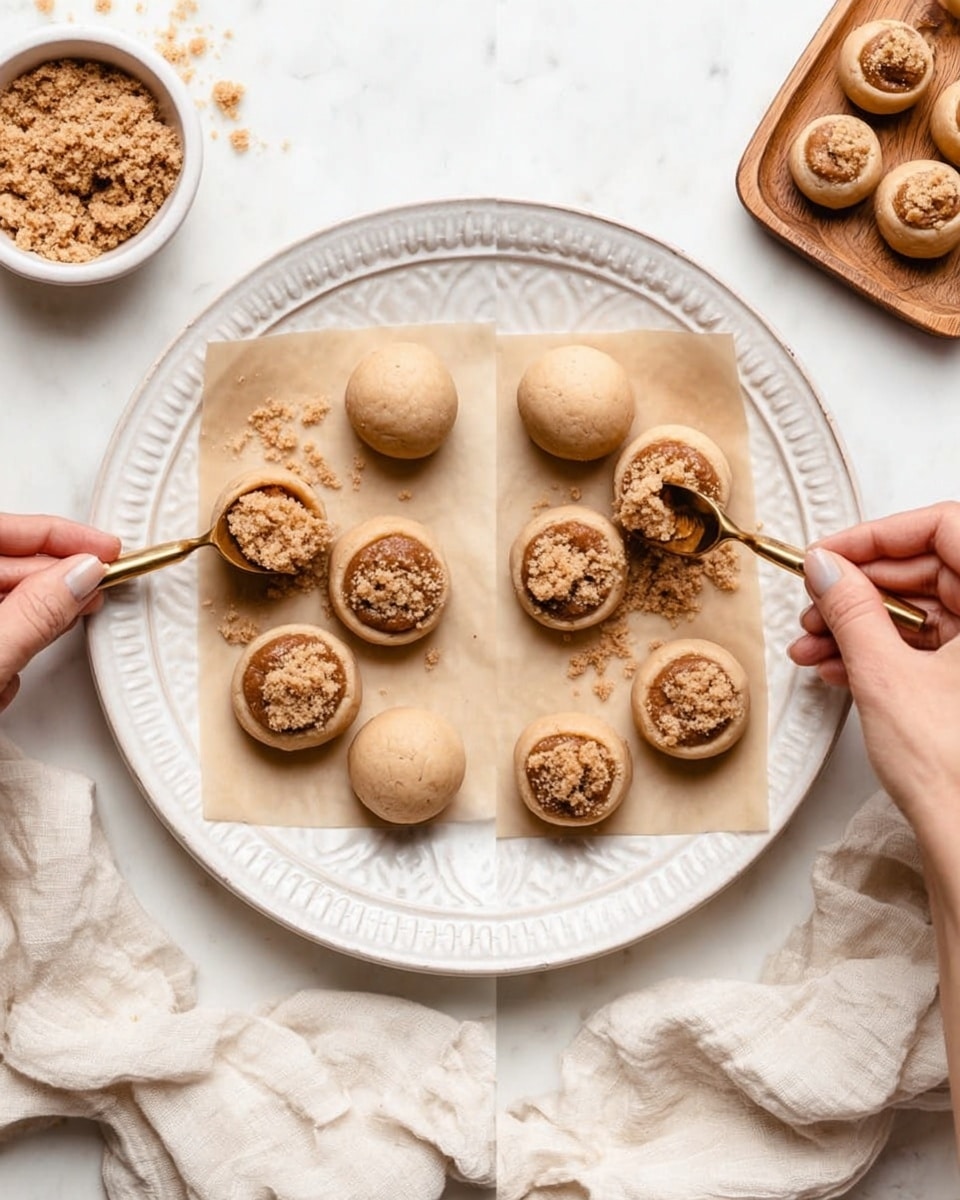 A white decorative plate holds seven round cookie dough balls and five thumbprint cookies filled with a crumbly brown filling placed on a beige parchment paper. The cookie dough balls are smooth and pale brown, and one has a hollow thumbprint in the center. The thumbprint cookies have a rough textured filling inside, with crumbs scattered on the paper. A woman's hand holds a small golden spoon with a wooden handle, gently placing the filling into one cookie on the plate. To the side, there is a small white bowl filled with more crumbly filling and a wooden tray with additional cookie dough balls, all set on a white marbled surface. A soft, crumpled white cloth rests near the bottom edge of the plate. Photo taken with an iphone --ar 4:5 --v 7