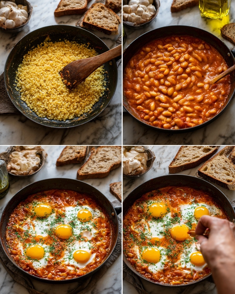 The image shows a cooking process in a black pan on a white marbled surface. In the first layer, the pan contains small yellow grains mixed with garlic slices being stirred with a wooden spoon held by a woman's hand. The second layer shows the pan filled with a thick, rich orange-red sauce with white beans fully covered in the sauce. In the third layer, there are four bright yellow raw egg yolks gently being dropped onto the sauce with beans, with a woman's hand seen cracking the eggs. The last layer shows the dish cooked with the eggs set on top, slightly browned around the edges, sprinkled with green herbs, with slices of crusty brown bread and olive oil bottle in the background. Photo taken with an iphone --ar 4:5 --v 7