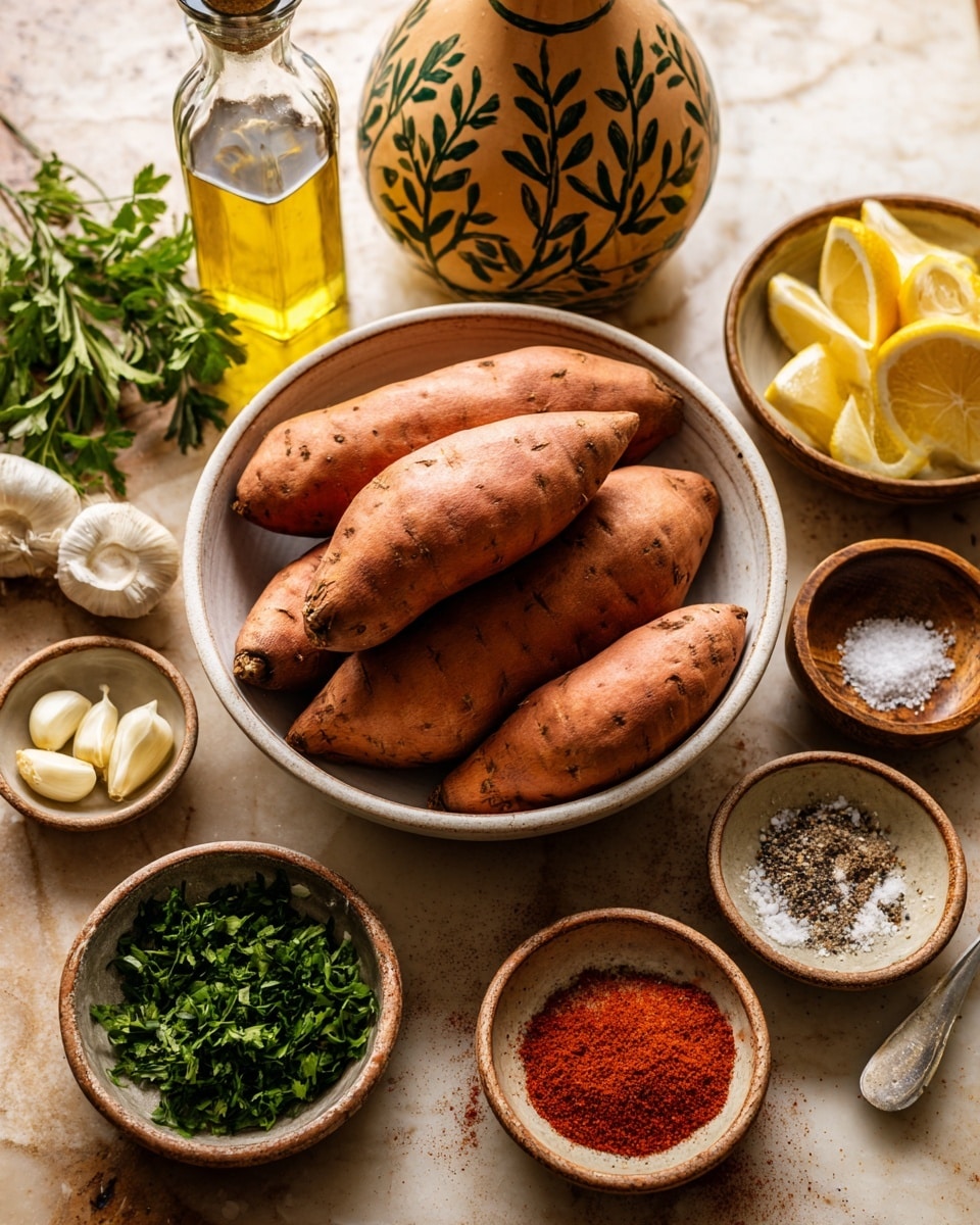 The image shows a large white bowl filled with four whole sweet potatoes in the center. Around the bowl, there are eight smaller white bowls arranged on a white marbled surface. One bowl has lemon wedges, another has whole garlic bulbs and some peeled cloves. There is a bowl filled with chopped green herbs, one with bright red powder, likely paprika, and two small bowls with coarse salt and cracked black pepper. A clear glass bottle with olive oil and a decorative ceramic pot with olive branch illustrations are placed behind the bowls. A woman's hand is not visible in the image. The whole scene is warm and rustic. Photo taken with an iphone --ar 4:5 --v 7
