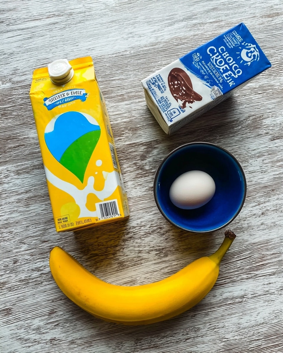 The image shows a carton of reduced fat milk with a yellow and green design standing tilted on a white marbled surface, next to a blue container of Choco Milk chocolate drink mix, a small dark blue bowl with a single egg inside, and a curved yellow banana lying flat below them. The items are arranged in a neat line on a white marbled surface with visible wood-like texture printed under. photo taken with an iphone --ar 4:5 --v 7