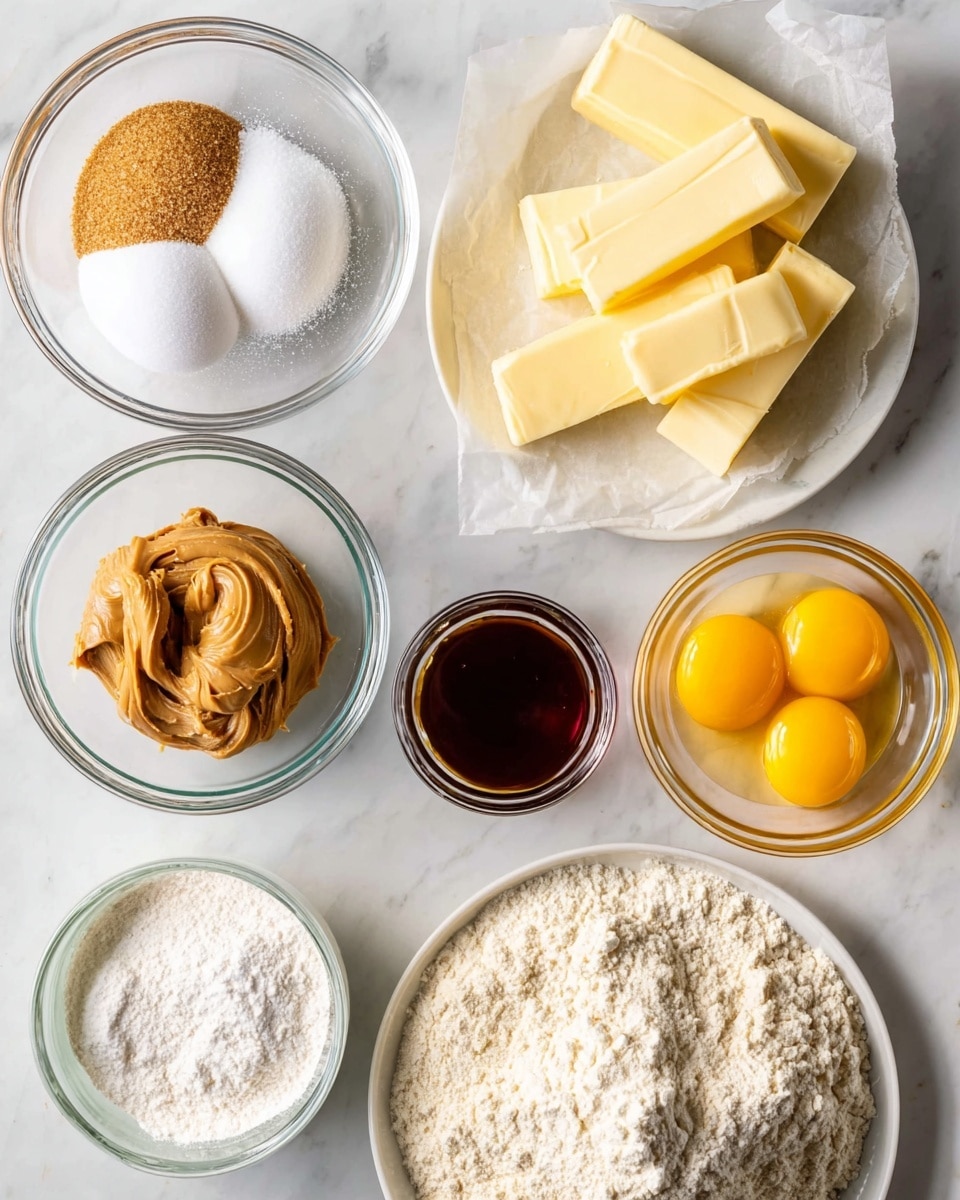On a white marbled surface, there is a flat white plate holding two sticks of butter, each cut into small rectangular sections and placed on parchment paper. Around it are five clear glass bowls: one with a mix of white granulated sugar and brown sugar on the top left, one with two raw eggs showing bright yellow yolks on the top right, one with a large scoop of smooth peanut butter below the sugar bowl, one with a small amount of dark brown vanilla extract below the peanut butter, and one with a generous pile of white flour on the bottom right. Additionally, a small bowl with white baking soda or powder is on the lower left near the vanilla. The ingredients are arranged neatly with clear separation and natural light highlighting their colors. Photo taken with an iphone --ar 4:5 --v 7