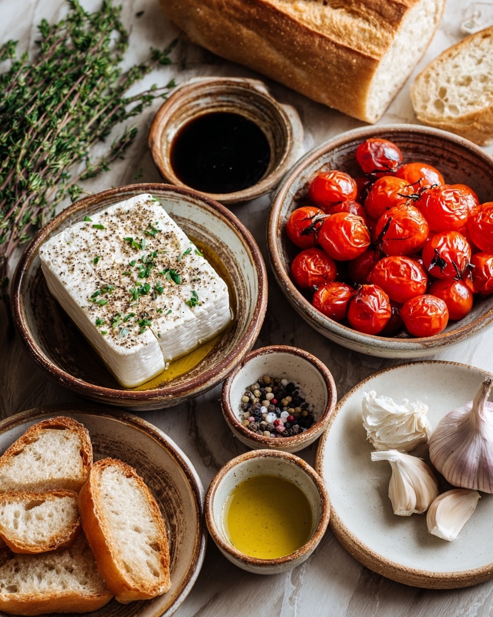 The image shows several small bowls and plates arranged on a white marbled surface, each holding different ingredients. There is one bowl with a block of white cheese topped with green herbs and black pepper, sitting next to a bowl filled with bright red roasted cherry tomatoes. Nearby, a plate with several round slices of toasted white bread is visible. Smaller bowls contain golden olive oil, dark balsamic vinegar, coarse salt, and whole black peppercorns. A white plate holds a whole garlic bulb and three garlic cloves. In the background, there is a sliced baguette with a light brown crust. Photo taken with an iphone --ar 4:5 --v 7