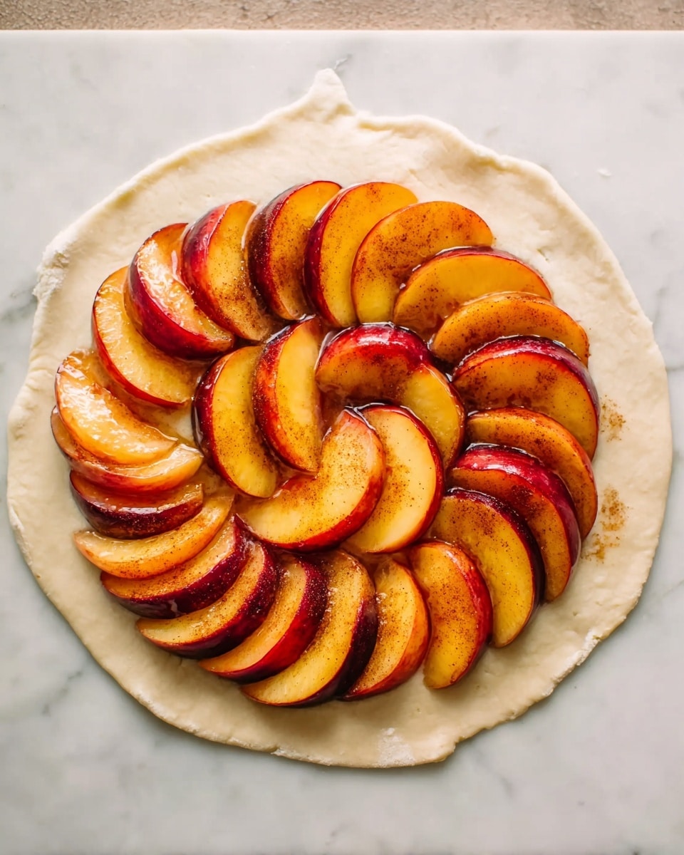 This image shows a round white dough on a white marbled surface, stretched thin and flat. On top of the dough, there are two layers of peach slices arranged in a circular pattern. The outer circle has larger, red-skinned peaches with bright orange flesh, followed by an inner circle of slightly smaller peach slices with a mix of red and yellow skin. The peaches have a light coating of cinnamon or another spice, giving them a warm brown tint and a textured look. The dough and peaches are centered and fill most of the frame. Photo taken with an iphone --ar 4:5 --v 7