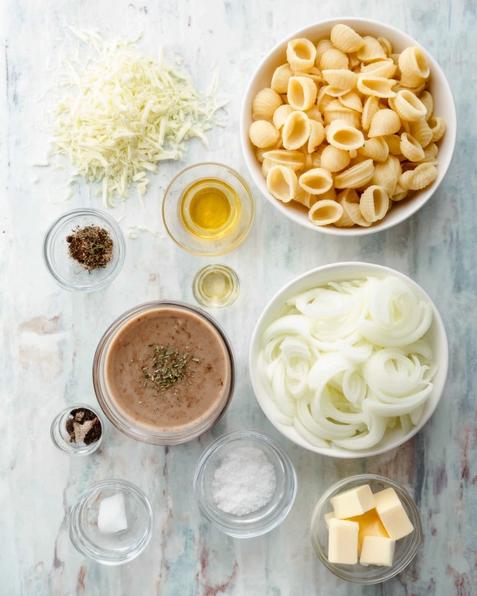 The image shows ingredients neatly arranged on a white marbled surface. In the center, there is a white bowl filled with small, round pasta shells that are pale yellow. To the right of the pasta, a white bowl is full of thinly sliced white onions with a slightly translucent texture. Below the onions, there is a glass bowl with a smooth light brown sauce, sprinkled with small herbs. Scattered around are small glass containers holding various ingredients: a light yellow liquid, a small amount of dark liquid, white granulated salt, ground black pepper, white granulated sugar, a clear liquid, and a small bowl with several pieces of pale yellow butter. A bunch of fresh green herbs lays on the upper left side of the image. photo taken with an iphone --ar 4:5 --v 7