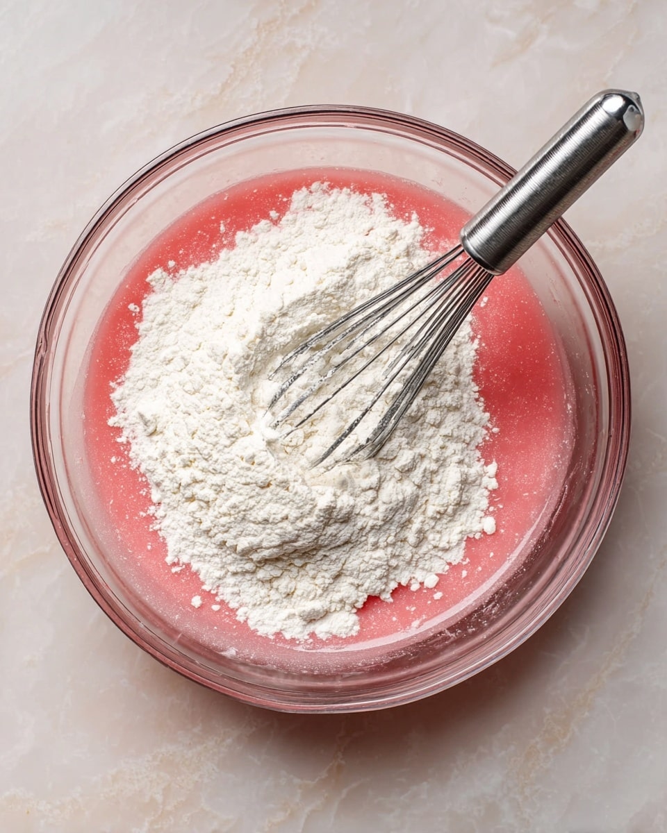 A clear bowl sits on a white marbled surface, holding two main layers of ingredients. The bottom layer is a smooth, vibrant pink liquid that fills about half of the bowl. On top of this pink liquid, there is a thick layer of white powder, spread unevenly over one half of the surface. A metal whisk with a shiny handle rests inside the bowl, partially covered by the white powder, with its wires touching the pink liquid. The scene is bright and clean, showing a simple mixing step in food preparation. photo taken with an iphone --ar 4:5 --v 7