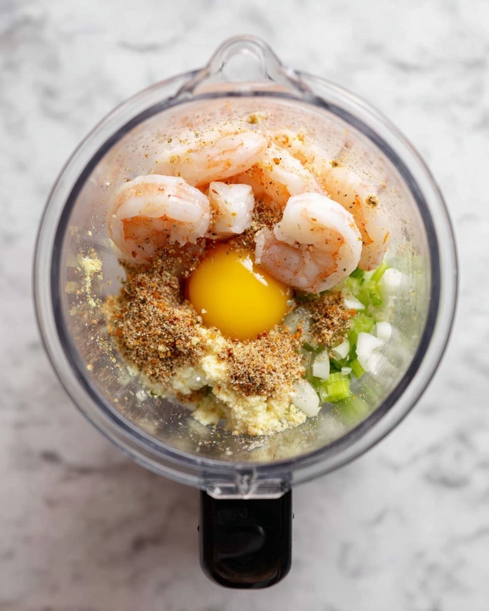Top-down view inside a clear blender container showing layers of ingredients before blending. At the bottom, there is one yellow egg yolk with a shiny smooth texture. Around it, there are small pieces of white onion and green celery, adding a mix of white and light green colors with slight rough texture. On top of this, there are light pink raw shrimp with a slightly translucent look and a few brownish seasoning powders sprinkled across all the layers. The blender container sits on a surface with white marbled texture. photo taken with an iphone --ar 4:5 --v 7
