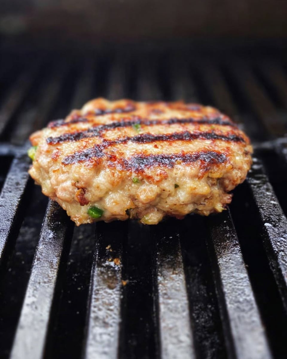 A single light-colored grill patty with a rough texture is cooking on black grill bars. The patty shows visible charred grill marks running horizontally across the top. Small green and brown bits are scattered throughout the patty, adding some variance in color. The background is dark, making the patty stand out clearly. photo taken with an iphone --ar 4:5 --v 7