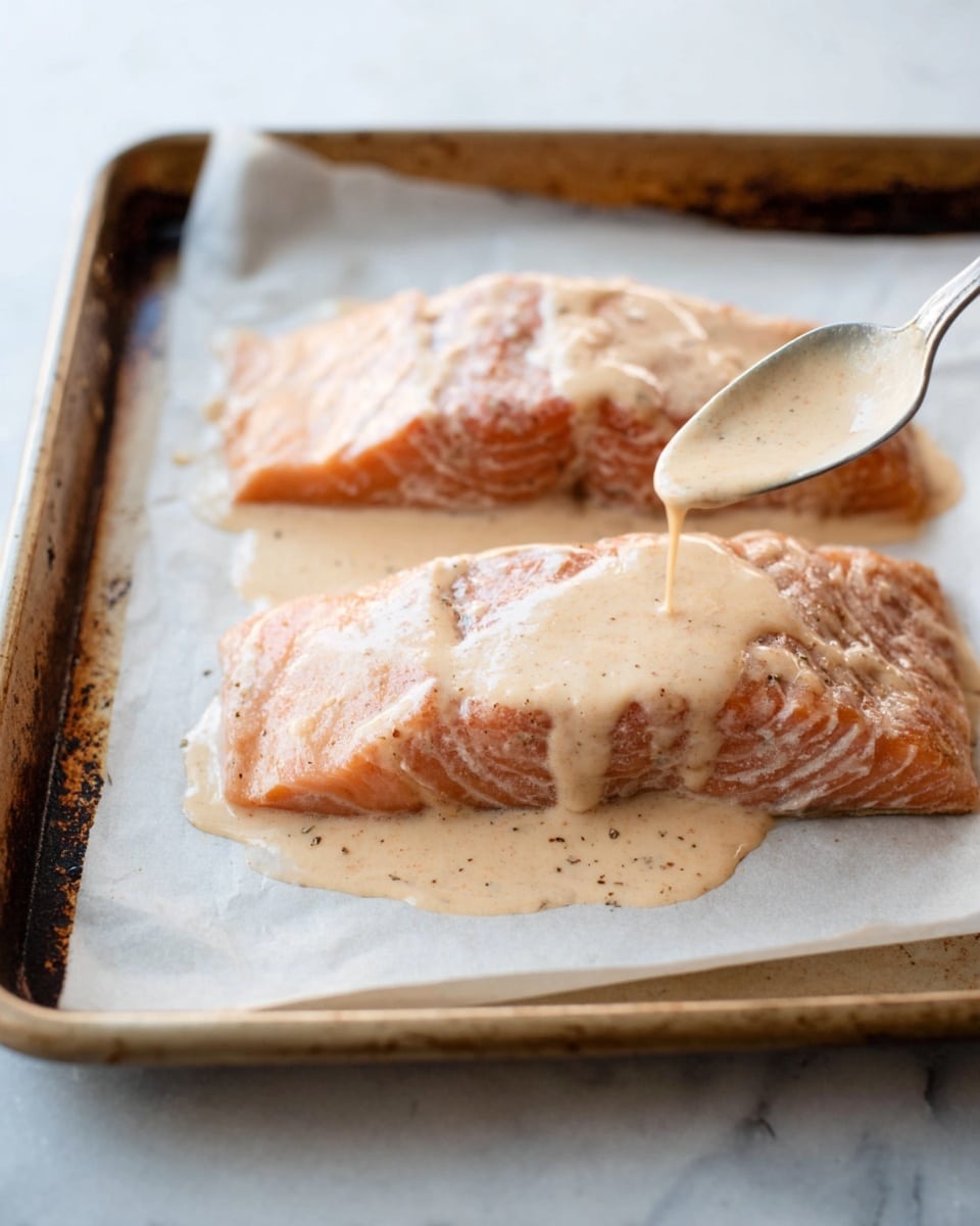 Two pieces of raw salmon fillets lie side by side on a baking tray lined with parchment paper over a white marbled surface. Each fillet is covered with a creamy, light beige sauce that has visible specks of seasoning. A spoon hovers above the fillets, dripping more of the sauce onto the closest piece. The tray has a worn metal edge with some small dark marks. The lighting is soft and natural, highlighting the texture of the salmon and sauce. Photo taken with an iphone --ar 4:5 --v 7