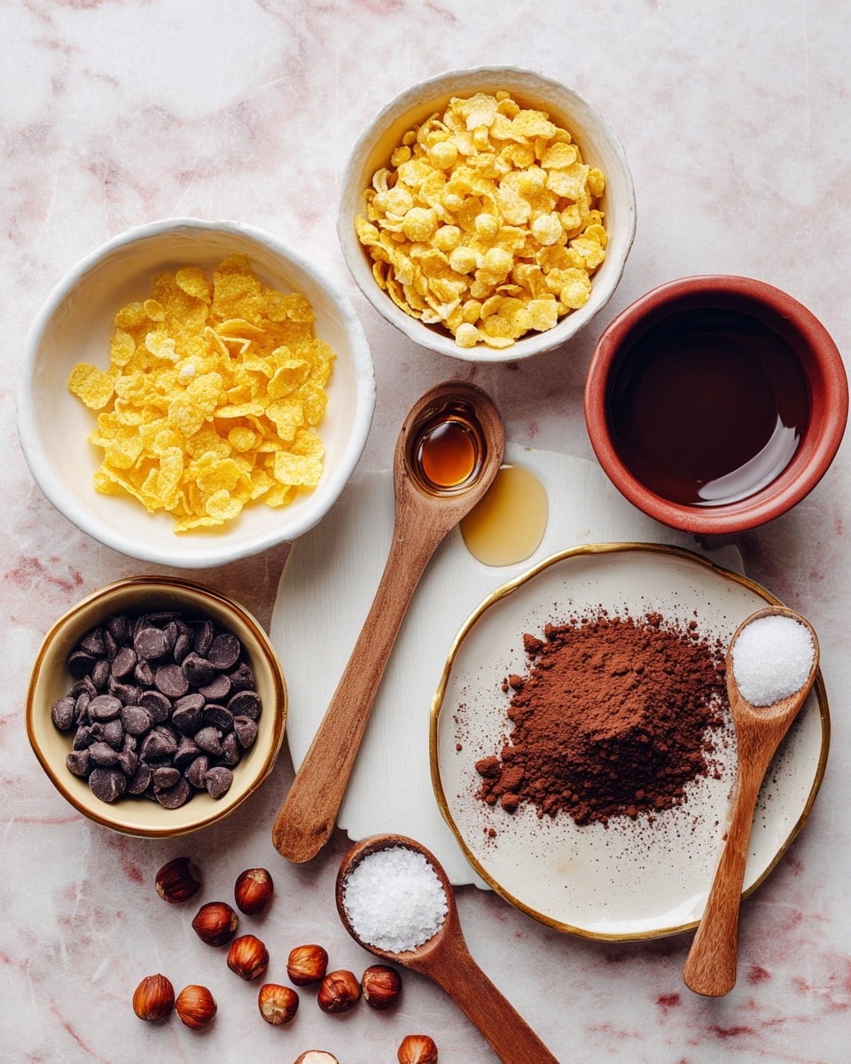 The image shows a flat lay of various ingredients arranged on a white marbled surface. There is a white bowl filled with yellow corn flakes and another white bowl containing small dark brown chocolate chips. Two reddish-brown round bowls hold a smooth dark liquid and a nutty paste, respectively. On a white plate with a golden rim, a wooden spoon rests on a pile of dark cocoa powder, another wooden spoon holds white salt, and a third wooden spoon contains a white, creamy substance. A white ceramic spoon with some golden syrup sits beside a handful of scattered hazelnuts on the plate, with more hazelnuts spread on the surface nearby. Photo taken with an iphone --ar 4:5 --v 7