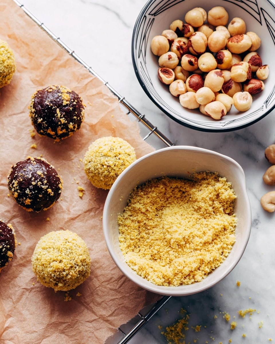 The image shows round dark brown balls, some plain and some coated with light yellow crushed crumbs. The coated balls have a rough texture from the crumbs, while the plain balls have a shiny, smooth surface. The balls are placed on light brown baking paper on a metal rack, with three coated balls and three plain balls visible on the paper. To the right, there is a white bowl filled halfway with yellow crumbs, and one coated ball inside it. Above that, a white bowl with a black zigzag pattern holds many light brown whole nuts with some dark spots. The whole scene is set on a white marbled surface. photo taken with an iphone --ar 4:5 --v 7
