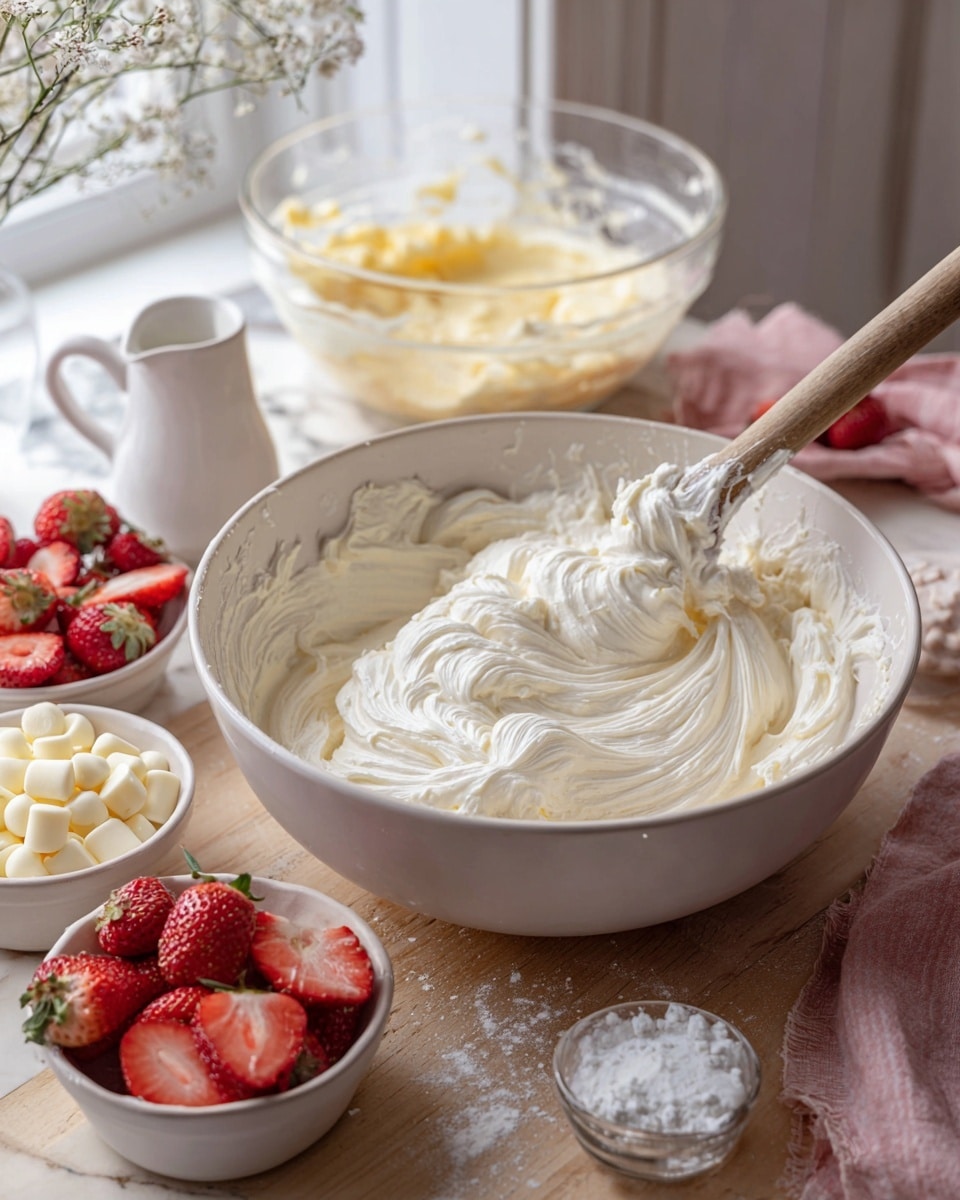 The image shows a large white bowl filled with a thick, creamy white mixture being folded with a wooden spoon, creating soft swirling textures. Around the main bowl on a wooden table are smaller white bowls containing fresh sliced red strawberries, white chocolate chips, and a small amount of powder. In the background, a glass bowl holds a pale yellow creamy mixture, and there is a small white jug along with a pink cloth. The scene is set on a white marbled surface near a window with soft natural light. Photo taken with an iphone --ar 4:5 --v 7