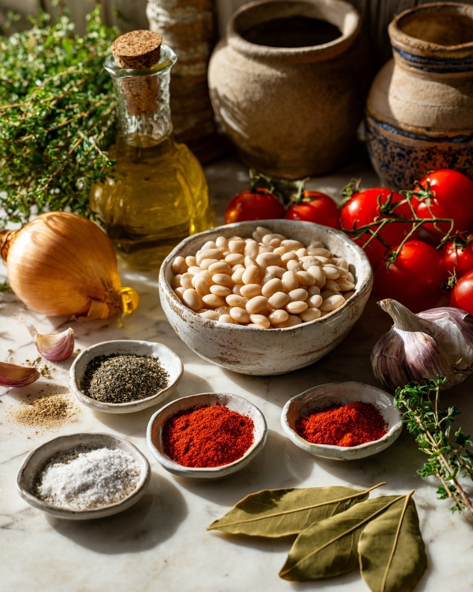 A white bowl filled with white beans sits in the center of the image on a white marbled surface. Surrounding it are small white bowls with five different spices: coarse salt, black pepper, bright red paprika, green dried herbs, and another type of red spice. A white bowl also holds two bay leaves. Fresh ingredients like whole garlic bulbs with some peeled cloves, a yellow onion, and a bunch of green herbs are arranged near the bowls and beans. Bright red tomatoes on the vine and a glass bottle of olive oil with a cork stopper are in the softly blurred background, along with rustic ceramic pots. The lighting is warm and natural, highlighting the textures and colors. Photo taken with an iphone --ar 4:5 --v 7