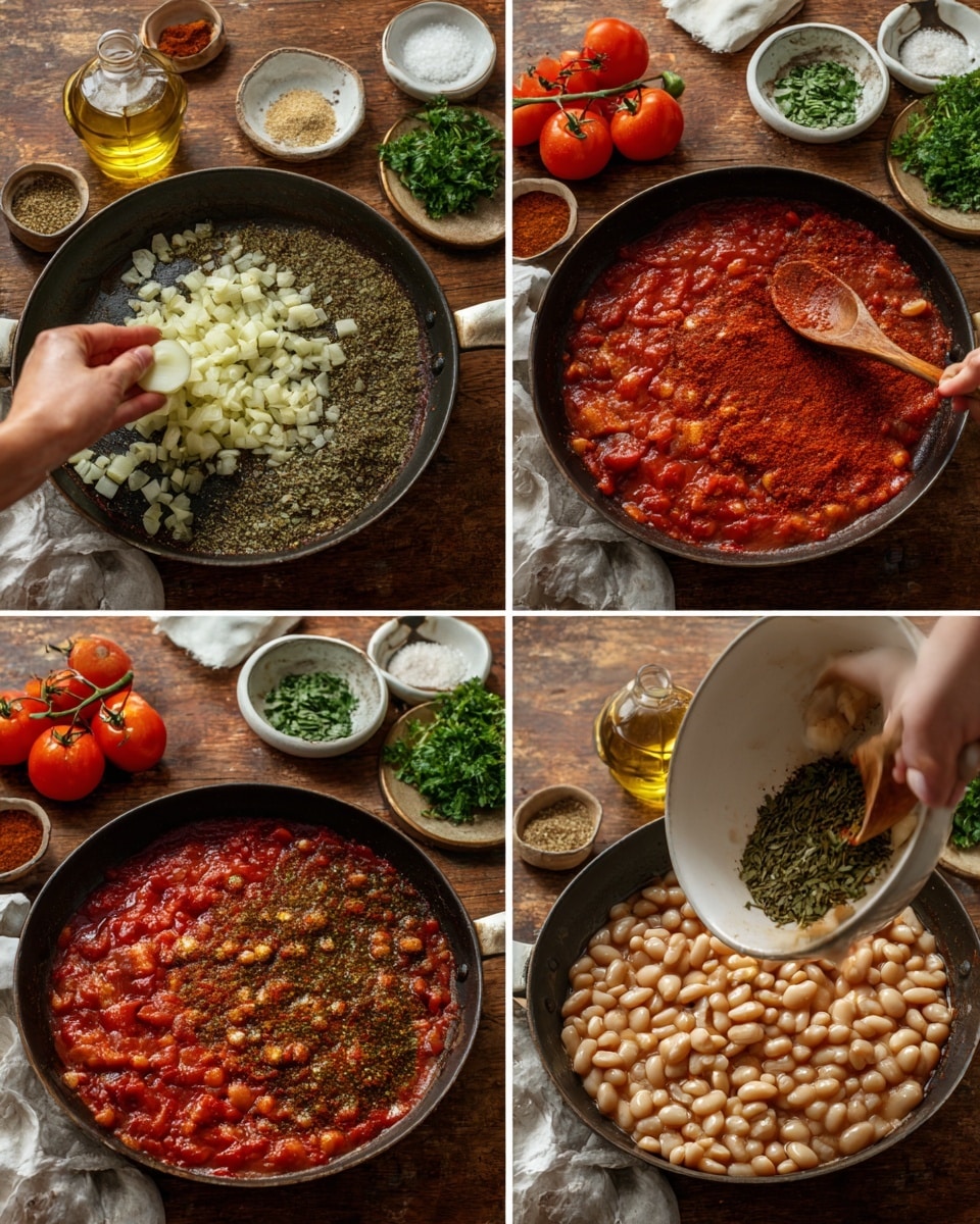 The four images show a cooking process in a large black pan placed on a wooden surface. In the first image, a woman's hand holds a wooden spoon stirring small, pale grains mixed with finely chopped garlic in the pan. Around the pan are small bowls filled with chopped herbs, minced garlic, and spices, as well as a glass jar of olive oil and fresh tomatoes in the background on a white marbled surface. In the second image, the pan is filled with a thick red tomato sauce topped with a layer of dark green dried herbs and bright red paprika, with a woman's hand stirring with the wooden spoon. The third image shows a woman's hand pouring in white beans from a white bowl into the red sauce, which has bay leaves floating on top. In the fourth image, the sauce bubbles gently with beans covered in finely chopped green herbs, and a woman's hand stirs the mix with the wooden spoon. The background remains the same with fresh ingredients and spices surrounding the pan photo taken with an iphone --ar 4:5 --v 7