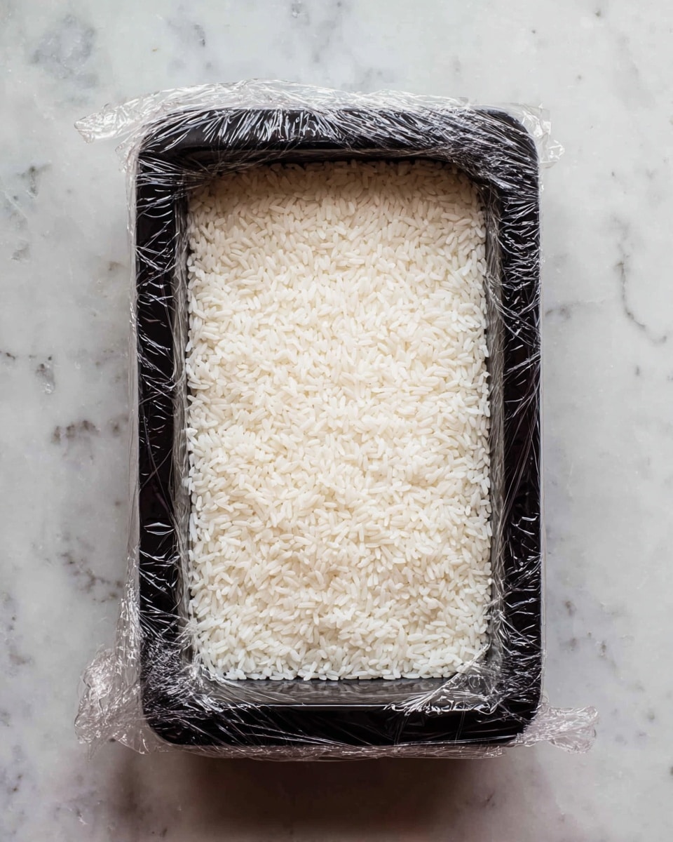A rectangular black container lined with clear plastic wrap holds a single layer of evenly spread white rice. The rice grains are small, shiny, and packed closely together, with the plastic wrap edges folded over the container sides. The container sits on a white marbled surface. photo taken with an iphone --ar 4:5 --v 7