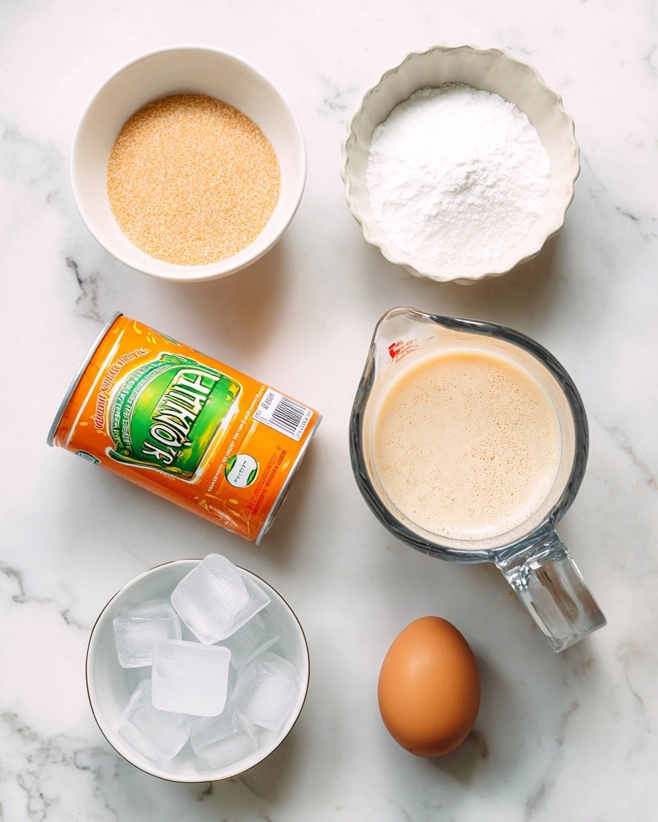 This image shows six different items arranged neatly on a white marbled surface. Starting from the top left, there is a small white bowl filled with light brown granules. To the right, a slightly bigger white bowl holds a heap of white powdered sugar. Below these bowls, there is an orange juice can lying on its side with a bright orange label and green text. To the right of the can, a clear glass measuring cup contains a creamy, pale beige liquid with a slight foam on top. Below the cup, a white bowl is filled with clear and white ice cubes. Lastly, to the bottom right of the arrangement is a single brown egg with smooth texture. All items are spaced apart clearly, creating a neat and clean look photo taken with an iphone --ar 4:5 --v 7