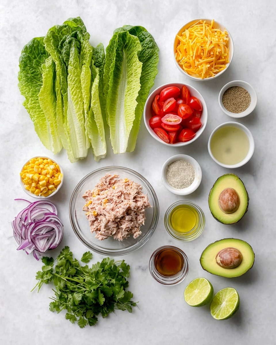 This image shows several colorful ingredients arranged neatly on a white marbled surface. On the left, there are three large green leafy romaine lettuce leaves. Around the lettuce, there are small white bowls holding bright yellow corn pieces, thin purple onion slices, small red grape tomatoes, shredded yellow and white cheese mix, and a light brown tuna mixture in a glass bowl at the center. To the right, two halves of a green avocado are placed, one with a brown seed. There are two lime halves with greenish-white inside near the top right, small dishes with salt and pepper mix, pale yellow oil, a light green creamy sauce, and brown soy sauce. Fresh green cilantro with stems is spread below the bowls. The neat arrangement and clear colors of all the ingredients are visible. Photo taken with an iphone --ar 4:5 --v 7