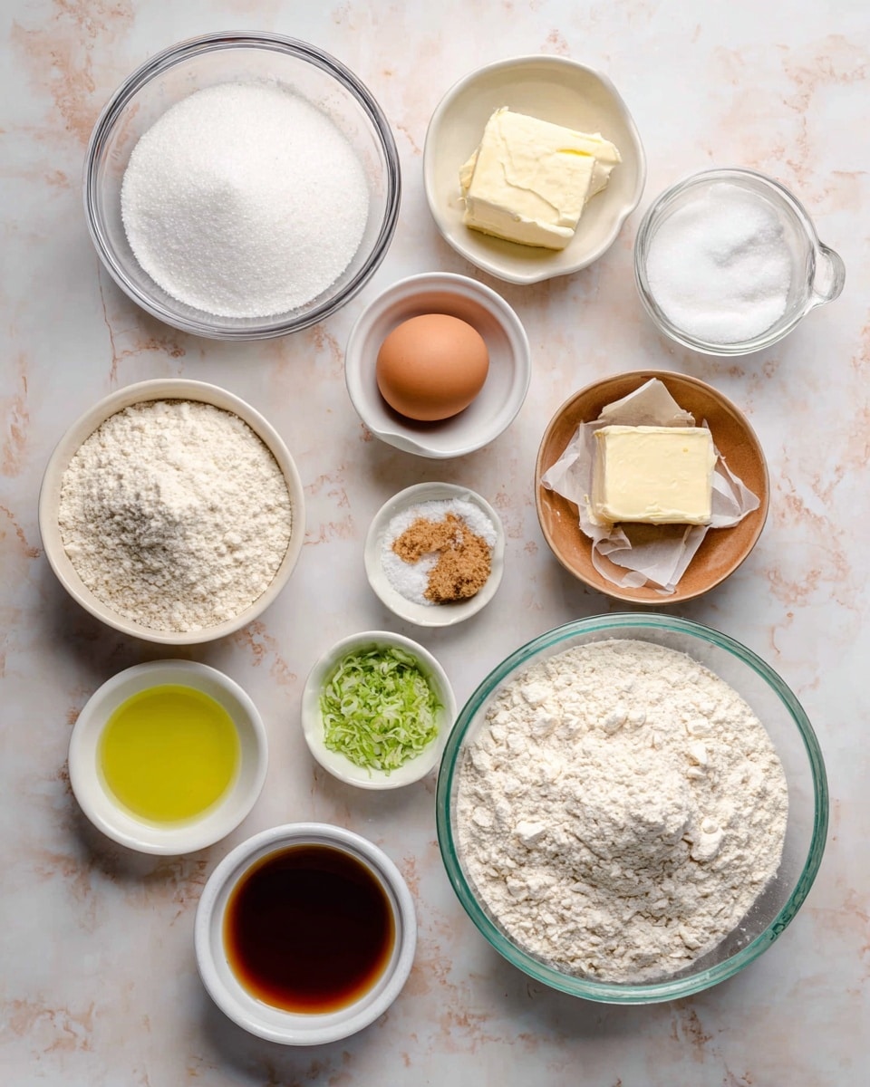 The image shows a top view of baking ingredients arranged neatly on a white marbled surface. There are ten containers: a large glass bowl filled with white flour in the bottom right; a measuring cup with white powdered sugar on the bottom left; a white bowl full of granulated white sugar on the top left; a small white bowl containing a brown egg in the center; a white bowl with light brown sugar at the top right; a white bowl with butter resting on its wrapper next to the brown sugar; a small white bowl with liquid vanilla extract below the butter; a small white bowl with green lime zest beside the vanilla; a small white bowl of light yellow oil below the egg; and a small white bowl containing salt and baking soda mix on the far left. All items are placed in a loose grid pattern against the smooth marbled background photo taken with an iphone --ar 4:5 --v 7