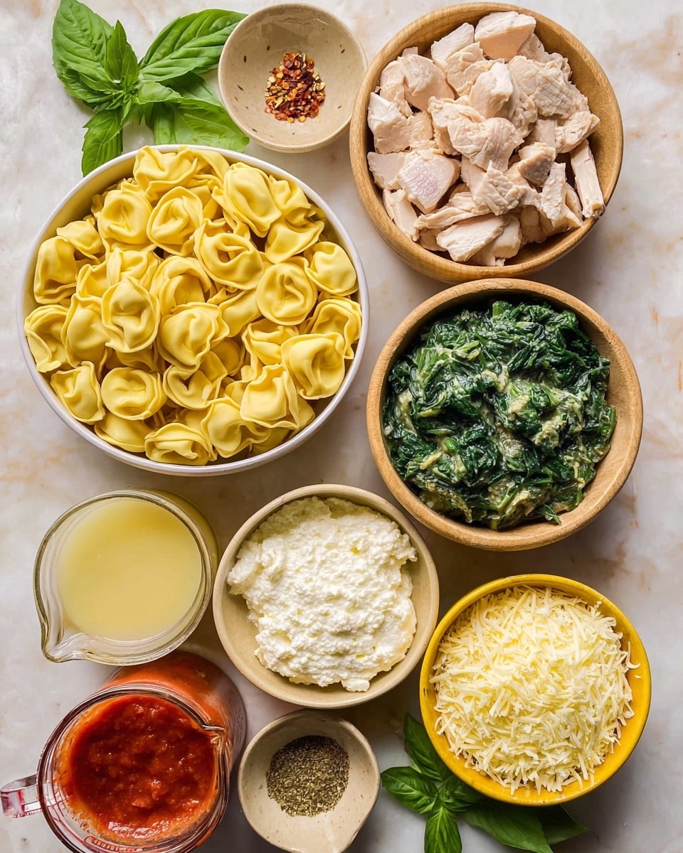 The image shows a set of ingredients neatly arranged on a white marbled surface. There is a large white bowl filled with yellow tortellini pasta, surrounded by a bowl of diced light beige chicken, a bowl of cooked dark green spinach, and a bowl of smooth white ricotta cheese. Nearby, there is a smaller yellow bowl with shredded white cheese and another wooden bowl with grated pale yellow cheese. A small beige bowl holds minced garlic, and a small dish contains a mix of dried herbs and red pepper flakes. There is also a glass measuring cup filled with light yellow broth and a jar of red marinara sauce with some sauce visible inside. Fresh green basil leaves are scattered around the ingredients. The photo taken with an iphone --ar 4:5 --v 7