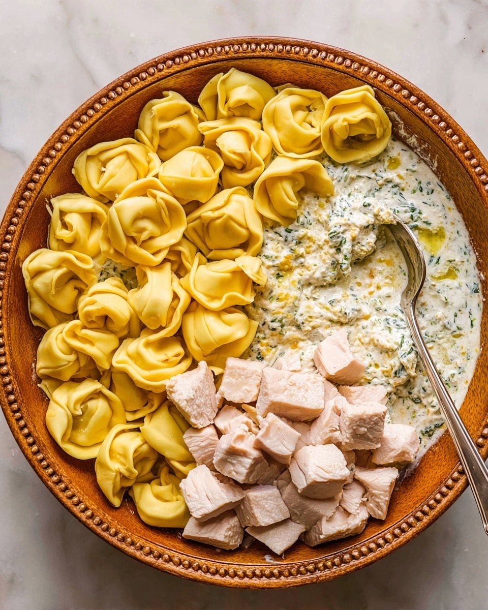 A wooden bowl with carved beads around the edge holds three main layers. The bottom layer is a creamy white sauce mixed with green herbs, creating a speckled texture. On top of the sauce, half the bowl is filled with bright yellow tortellini pasta, its smooth surface slightly shiny and folded in rings. The other half of the bowl has small, pale pink cubes of cooked chicken, stacked loosely. A silver spoon rests on the sauce near the edge of the bowl. The whole scene is set against a white marbled surface. photo taken with an iphone --ar 4:5 --v 7