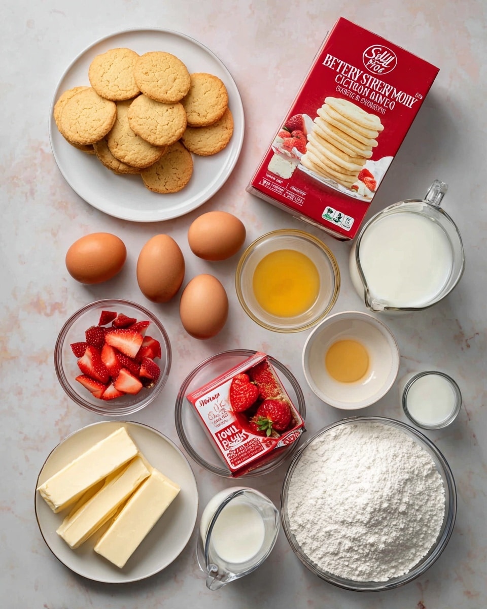The image shows baking ingredients arranged neatly on a white marbled surface. In the center top, there is a white plate with a stack of golden sandwich cookies. Next to it is a red box of Betty Crocker Super Moist white cake mix. Surrounding these are various small white bowls and clear measuring cups filled with ingredients: three brown eggs, bright red sliced strawberries, a bowl of white cream, a small dish with yellow liquid, another with a darker liquid (likely vanilla), a clear pitcher of milk, a smaller white cup of cream or milk, and a red box of Jell-O strawberry flavor. On the bottom left, a white plate holds two sticks of butter, and a larger clear bowl contains white powdered sugar. Everything is placed orderly, clearly showing each ingredient. photo taken with an iphone --ar 4:5 --v 7