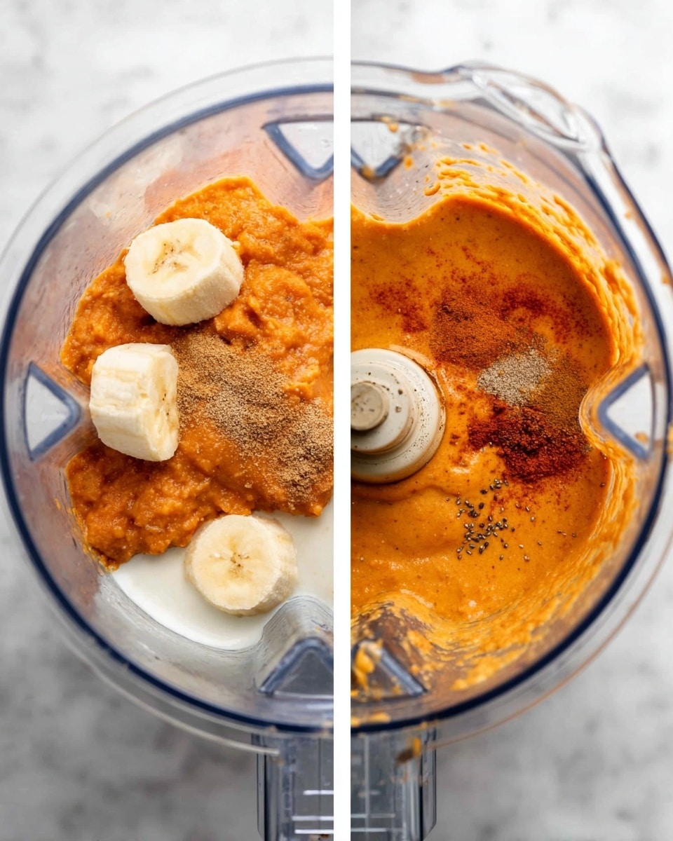 A clear blender container is shown in two images side by side on a white marbled surface. The left image shows five main layers inside the blender: at the bottom, there is a smooth white liquid, with bright orange thick mash on top of it, followed by two frozen light yellow pieces of banana, then brownish powder spices sprinkled on the top, and some black chia seeds spread around. The right image shows the blender with the contents blended into a smooth thick sauce of orange color with specks of spices visible throughout. The inside walls of the blender show some streaks of the orange mix. Photo taken with an iphone --ar 4:5 --v 7