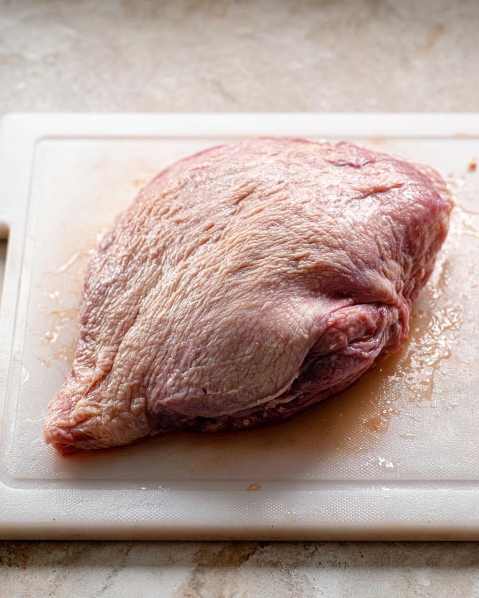 A close-up view of a large, raw beef tongue placed on a white cutting board. The tongue has a wrinkled, textured surface with a pale pink to grayish color. It is positioned in the center of the cutting board, which shows some wet spots and juice stains around the tongue. The cutting board rests on a white marbled surface. The image focuses on the rough and uneven texture of the tongue skin, with light reflecting softly on its moist surface. photo taken with an iphone --ar 4:5 --v 7