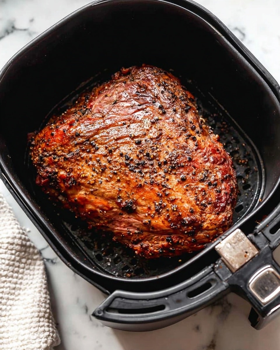 A large piece of cooked meat with a dark brown, slightly charred surface covered in small black bits sits inside a black air fryer basket. The texture of the meat is slightly bumpy with visible seasoning on top. The basket has a shiny metal handle on the right side. The background is a white marbled surface with a white textured cloth partially visible on the left. Photo taken with an iphone --ar 4:5 --v 7