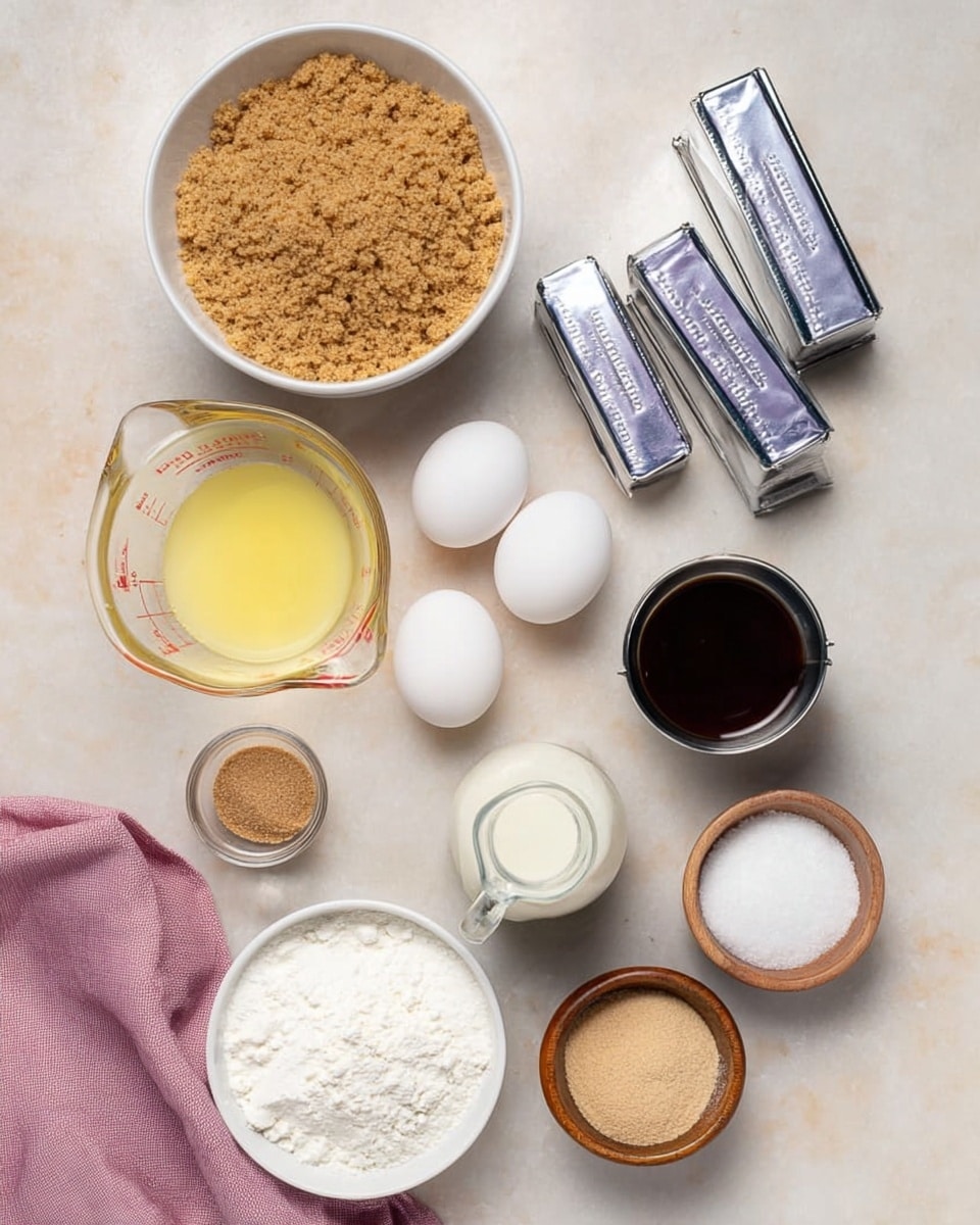 The image shows several baking ingredients neatly arranged on a white marbled surface. At the top left, there is a white bowl filled with light brown crumbly crumbs. Below it, a clear glass measuring cup contains yellow melted butter. Next to the butter are two white eggs placed side by side. Below the eggs, there is a small clear glass pitcher with white cream. To the right of the pitcher, there are four silver rectangular blocks stacked loosely. In the center right, a small metal bowl holds dark brown liquid, while below it, another small metal bowl contains a light brown powder. At the bottom left, a larger white bowl is filled with white granulated sugar. Near the sugar, a small wooden bowl contains a white powdery substance. There is also a small container of salt near the dark liquid, and a folded pink cloth rests on the bottom left corner. Photo taken with an iphone --ar 4:5 --v 7