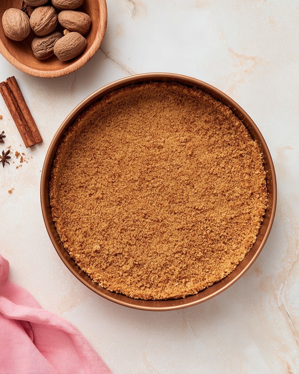 The image shows a round baking pan with a single layer of light brown crumbly mixture pressed evenly across the bottom and up the sides, creating a crust base. The pan is placed on a white marbled surface. To the top left, there is a small round wooden bowl with cinnamon sticks and nutmeg, along with whole nutmegs nearby. A pink cloth is partly visible at the bottom left corner. Photo taken with an iphone --ar 4:5 --v 7