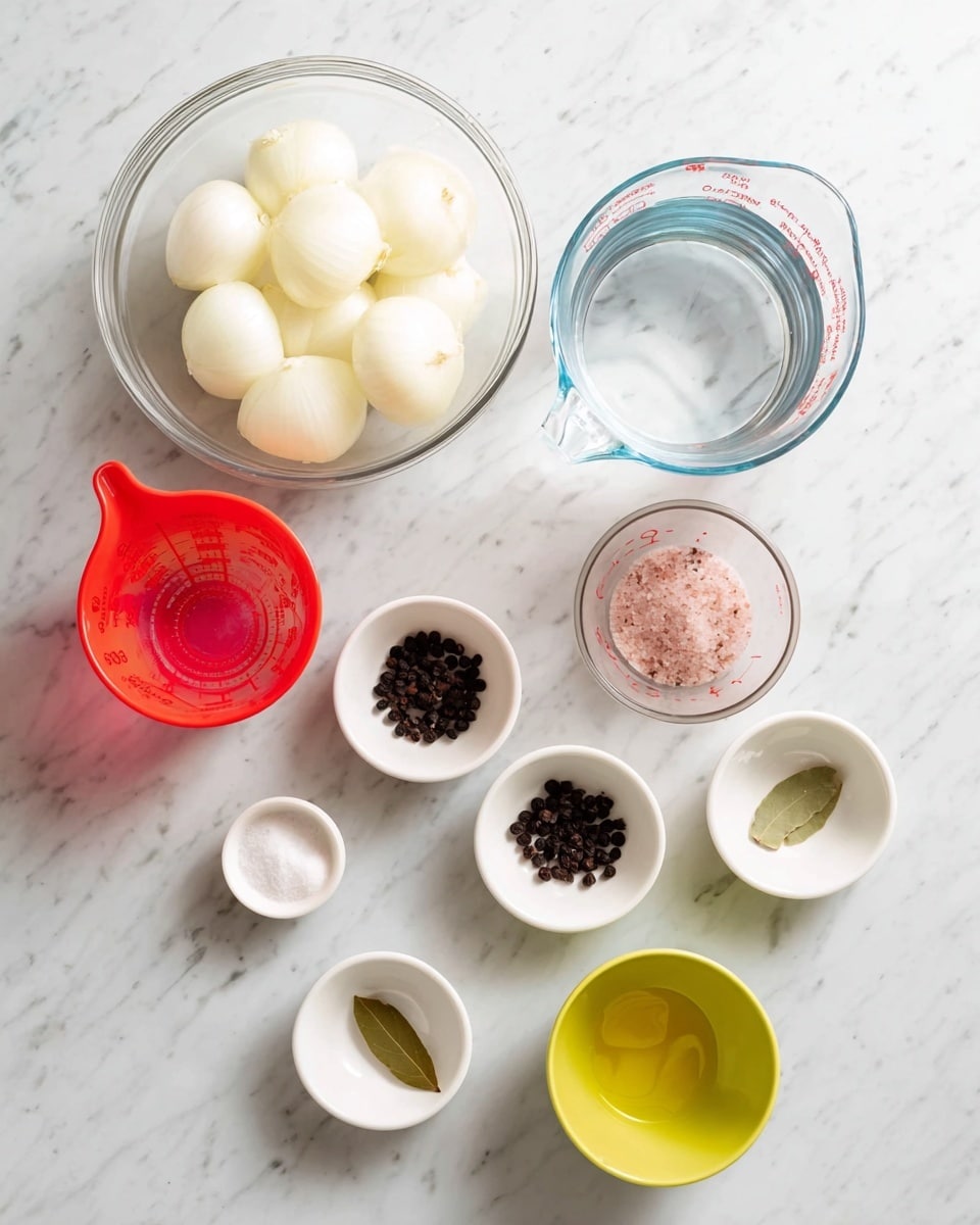A top view of various cooking ingredients placed neatly on a white marbled surface, including a clear glass bowl filled with white onions on the top left, a clear measuring cup with water on the top right, a red measuring cup with a pink liquid on the bottom left, and five small white bowls arranged in the center and bottom part of the frame holding salt, black peppercorns, juniper berries, sugar, and a bay leaf. One small yellow bowl contains salt, and one small green bowl contains sugar, adding splashes of color among the mostly white bowls. The setup is bright and clean, showing the ingredients for a recipe. Photo taken with an iphone --ar 4:5 --v 7