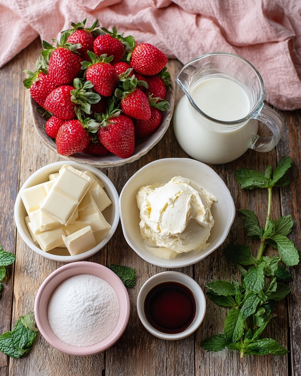 The image shows six ingredients arranged on a wooden surface with a pink cloth draped in the background. In the top left, a bowl filled with bright red strawberries with green leaves stands out. To the right of the strawberries, there is a clear glass pitcher filled with white cream. Below the pitcher, a small white bowl holds a large scoop of cream cheese with a smooth, creamy texture. To the left of the cream cheese, a white bowl is filled with white chocolate squares stacked loosely. Next to the white chocolate, a small pink bowl contains powdered sugar with a fine, fluffy texture. At the bottom right corner, there is a tiny white bowl with a dark brown liquid, likely vanilla extract. Fresh green mint leaves are placed near the lower right side. The whole setup is on a rustic wooden surface. photo taken with an iphone --ar 4:5 --v 7