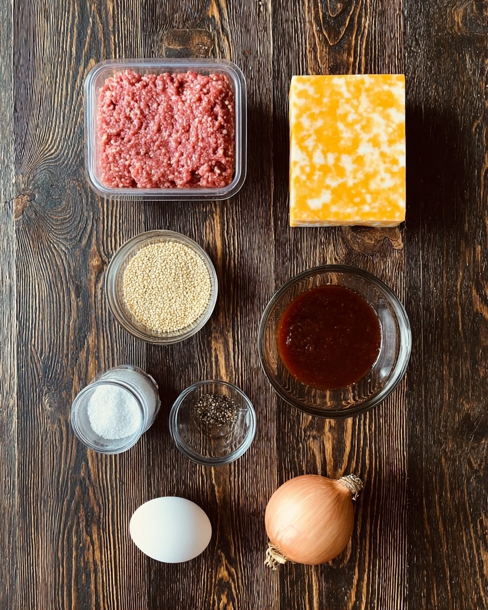 The image shows a group of ingredients arranged on a dark wooden surface with visible grain and knot patterns. At the top left, there is a clear plastic container filled with raw ground meat, showing a pinkish-red texture. To the right of it, a rectangular block of yellow and white marbled cheese is placed. Below the meat, there's a small clear glass bowl filled with light-colored sesame seeds. To the right of the sesame seeds is a clear glass bowl containing a thick dark reddish-brown sauce. At the bottom left, a white salt shaker with some salt inside is visible. To its right, a white egg sits on the wooden surface. Below the egg, an unpeeled yellow onion with a little dry root still attached is placed. Finally, near the sauce bowl, there is a small clear glass bowl holding a small amount of black pepper. Photo taken with an iphone --ar 4:5 --v 7
