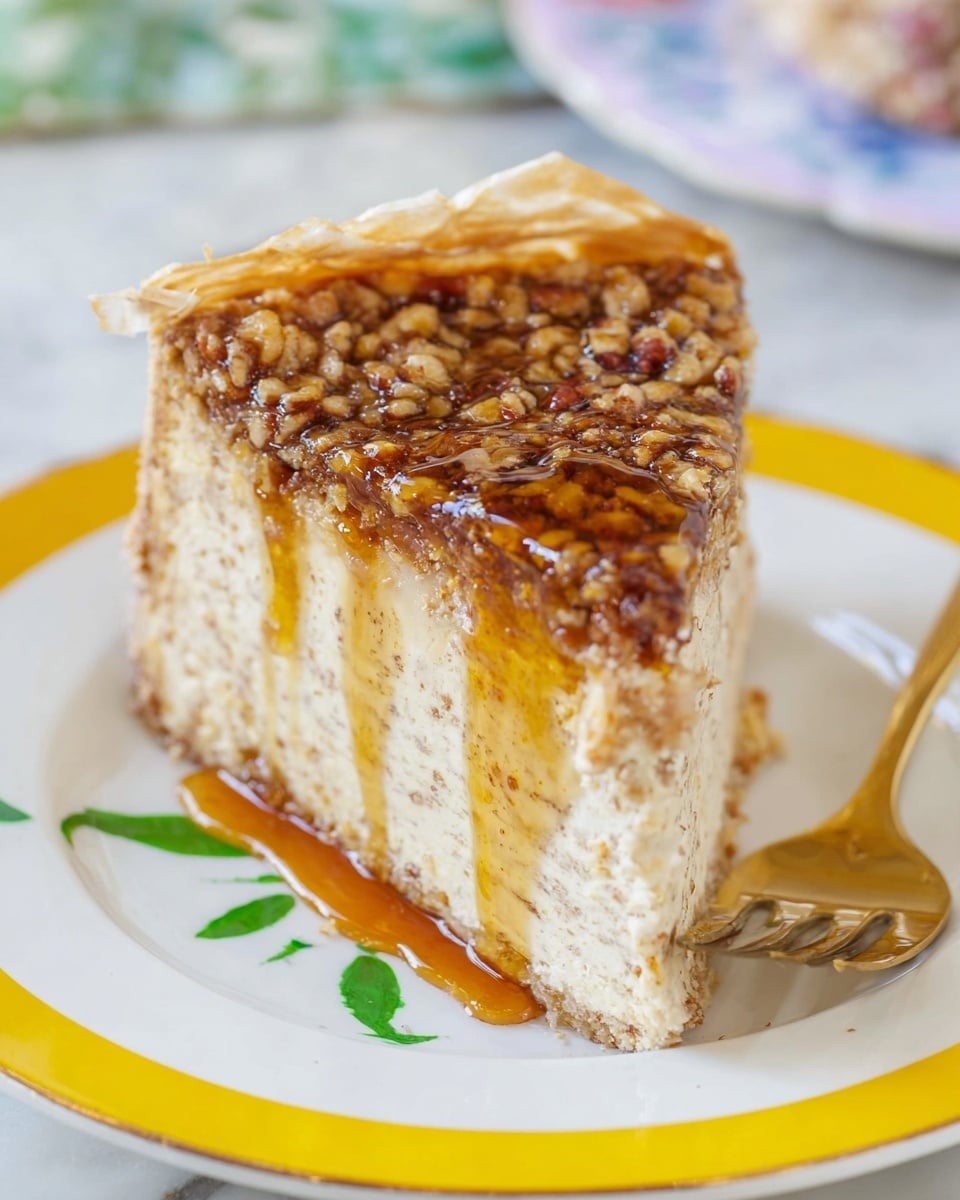 A thick slice of nut-studded cake with a creamy beige interior showing small brown nut bits throughout, topped with a glossy amber syrup that drips down the sides; the cake's top layer has a crunchy, textured nut topping, and a thin layer of light, crinkled pastry is visible at the edge. The slice is placed on a white plate with a yellow rim and small green leaf designs near the center, all on a white marbled surface. A gold fork rests beside the cake. Photo taken with an iphone --ar 4:5 --v 7