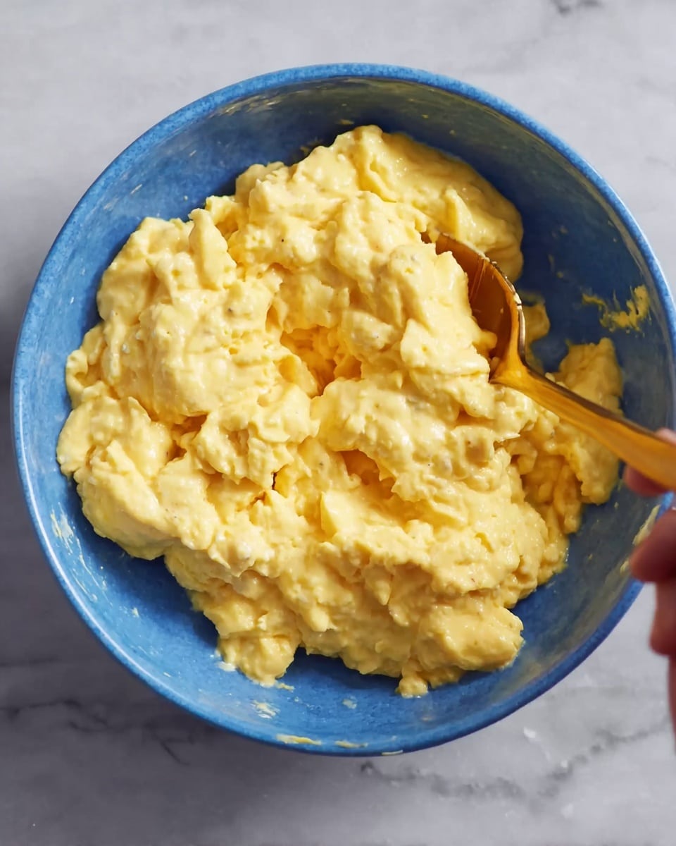 A close-up view of a blue bowl filled with creamy yellow scrambled eggs that look soft and slightly lumpy. A gold spoon is partially buried in the eggs, showing some eggs sticking to it and a woman's hand holding the spoon's handle. The bowl sits on a white marbled surface with a smooth texture. The eggs take up the whole bowl, showing a dense and rich texture with small curds. Photo taken with an iphone --ar 4:5 --v 7
