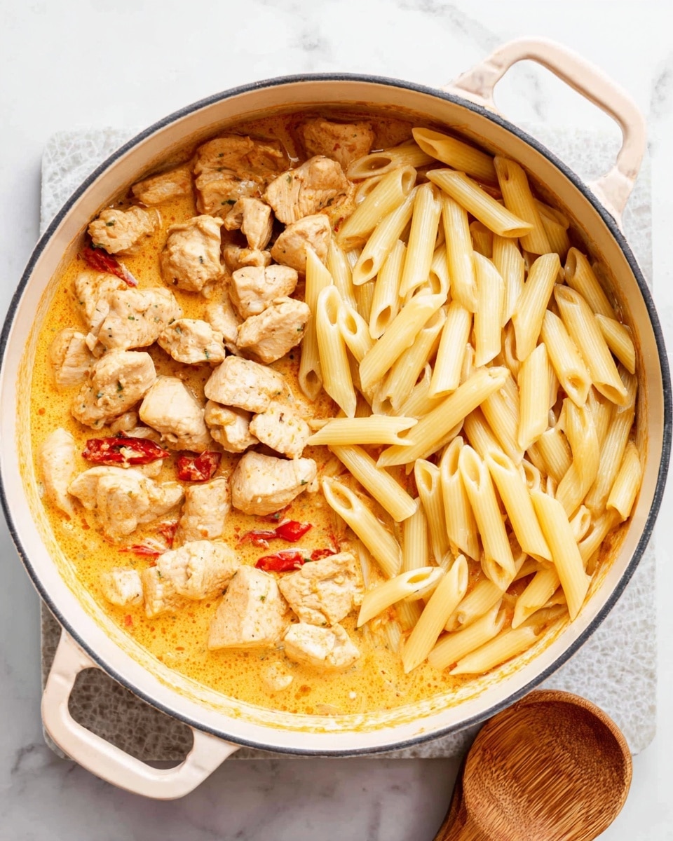 The image shows a white pot with wooden handles placed on a white marbled surface. Inside the pot, there are three clear sections: the top right side is filled with plain cooked penne pasta, light yellow in color with a smooth texture; the bottom left side contains small, light brown cooked chicken pieces with a soft texture mixed with some visible small red bits, possibly peppers, resting in a creamy orange sauce that spreads over the base and partly around the chicken and pasta. A wooden spoon is visible at the bottom right corner beside the pot. Photo taken with an iphone --ar 4:5 --v 7