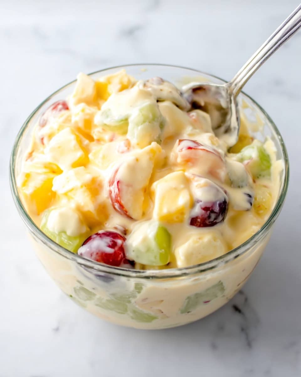 A clear glass bowl filled with creamy fruit salad sits on a white marbled surface. The salad has several layers visible through the glass: pieces of yellow pineapple, red grapes, small chunks of light green apple, and bits of red apple mixed well with a thick, smooth, pale yellow creamy dressing. A silver spoon rests inside the bowl, partly covered by the salad. The colors of the fruits create a fresh and colorful look against the creamy dressing photo taken with an iphone --ar 4:5 --v 7